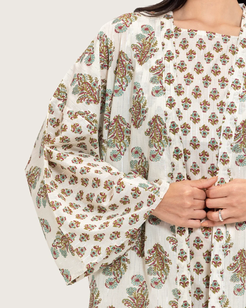Printed Cotton Kimono Abaya Dress Set with Metalic Threads - Turquoise - Image 10