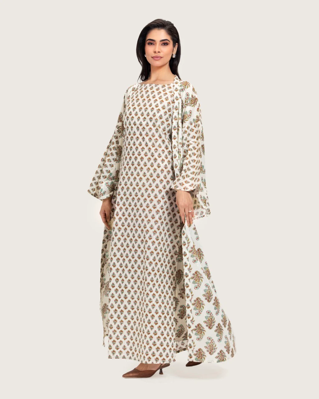 Printed Cotton Kimono Abaya Dress Set with Metalic Threads - Turquoise - Image 3