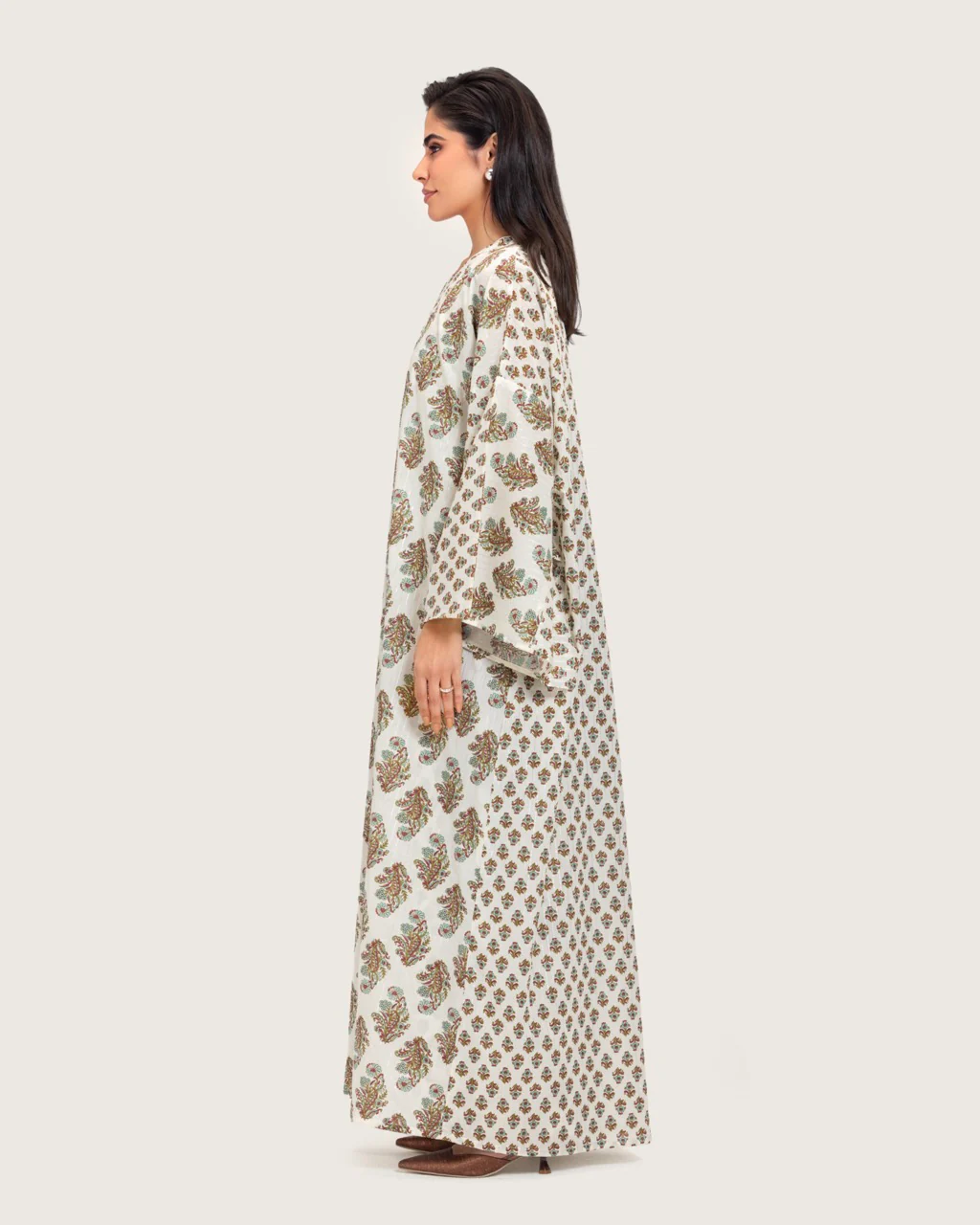 Printed Cotton Kimono Abaya Dress Set with Metalic Threads - Turquoise - Image 4