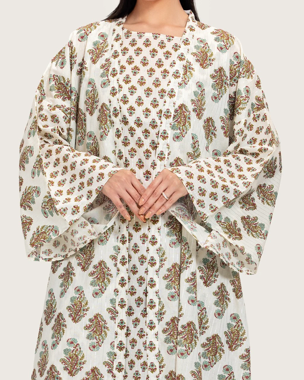 Printed Cotton Kimono Abaya Dress Set with Metalic Threads - Turquoise - Image 5