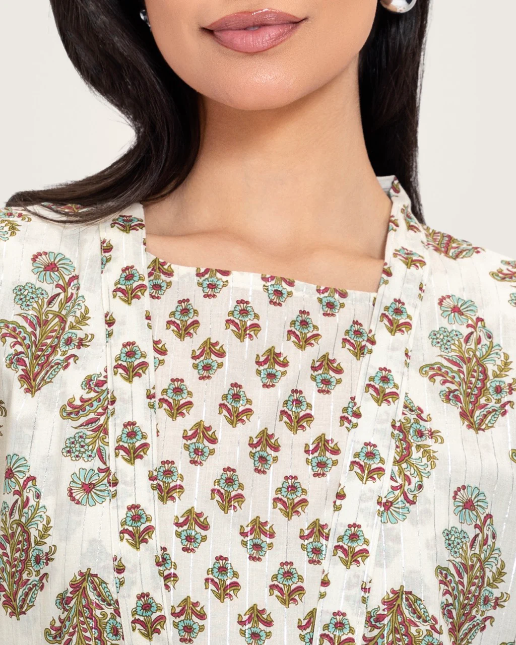 Printed Cotton Kimono Abaya Dress Set with Metalic Threads - Turquoise - Image 6
