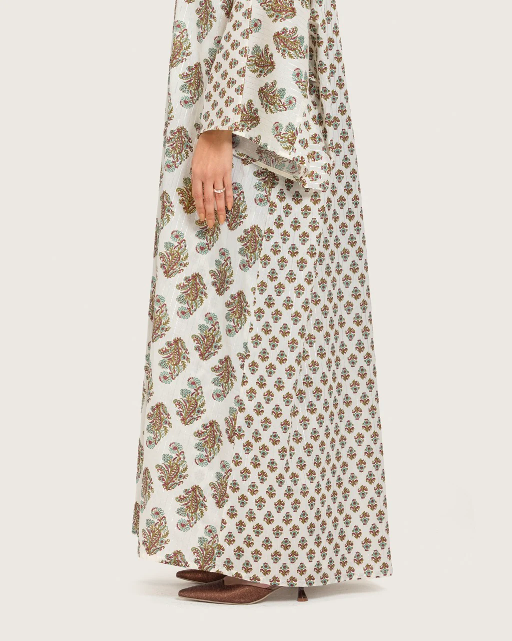 Printed Cotton Kimono Abaya Dress Set with Metalic Threads - Turquoise - Image 7