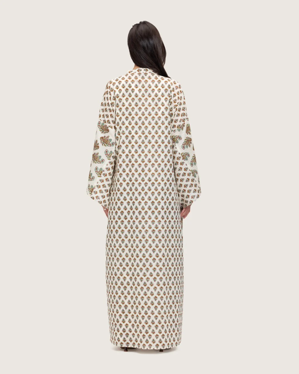 Printed Cotton Kimono Abaya Dress Set with Metalic Threads - Turquoise - Image 8