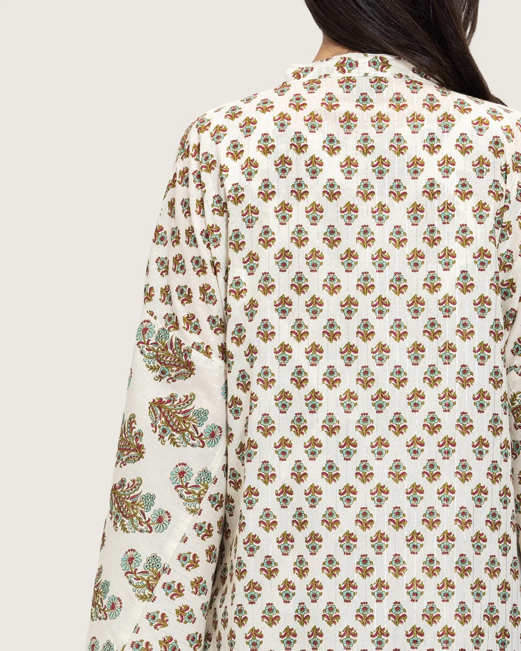 Printed Cotton Kimono Abaya Dress Set with Metalic Threads - Turquoise - Image 9