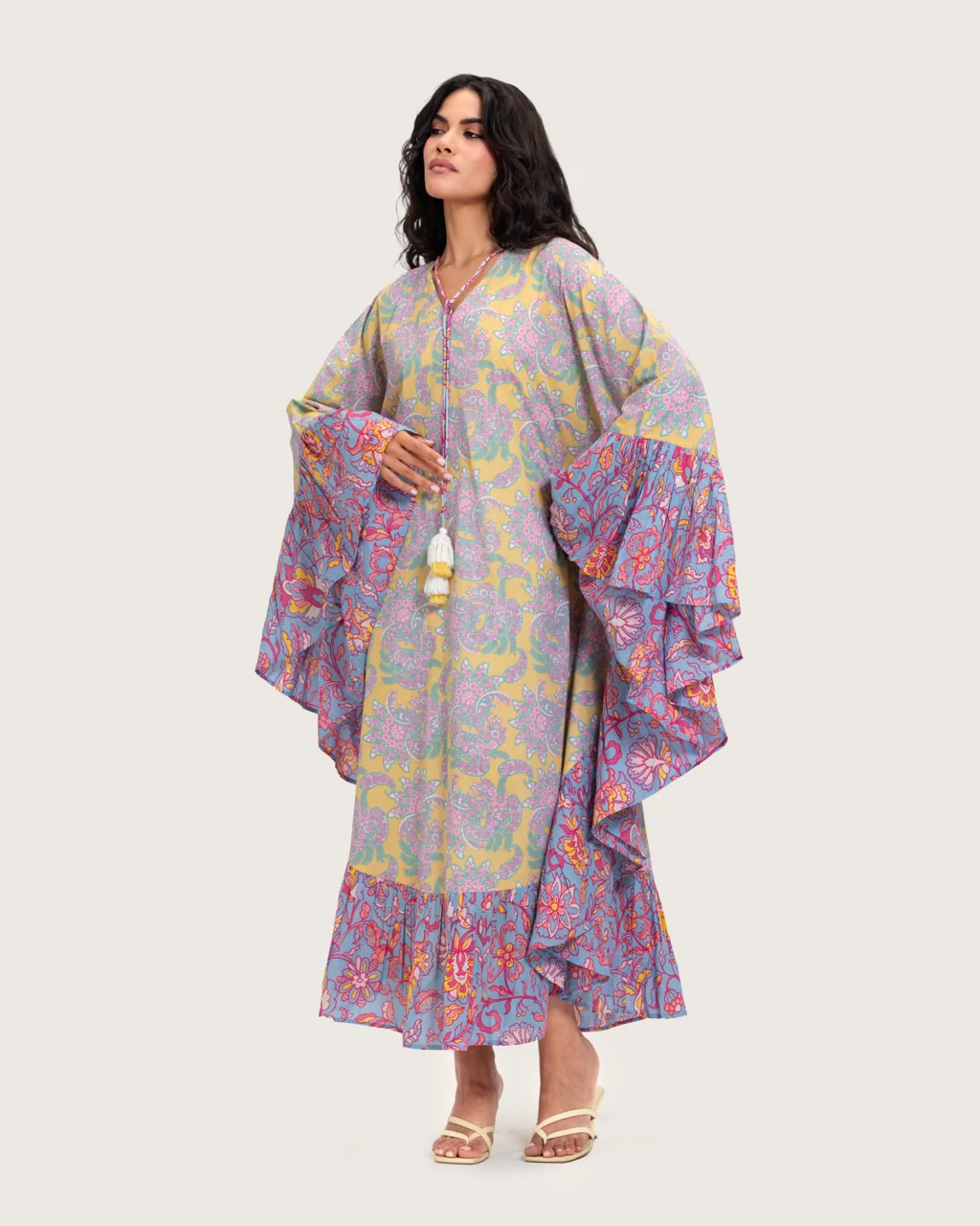 Printed Flowy Kaftan Dress with Soft Multicolor Motifs and Tassels - Image 12