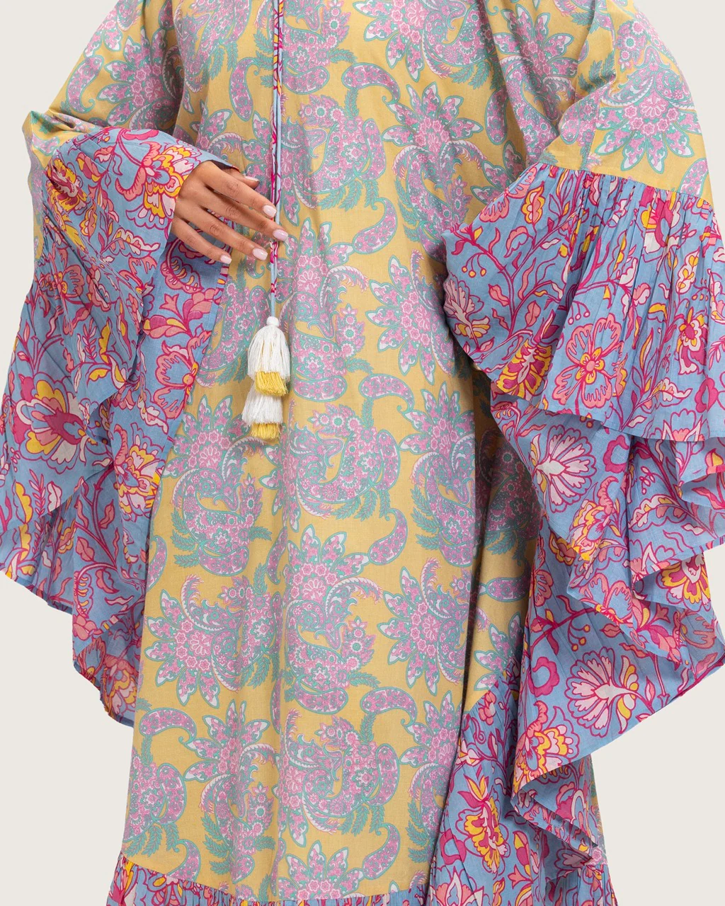 Printed Flowy Kaftan Dress with Soft Multicolor Motifs and Tassels - Image 13