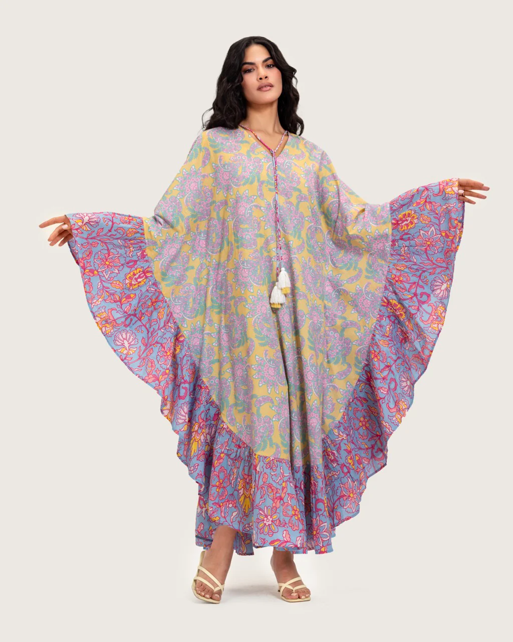 Printed Flowy Kaftan Dress with Soft Multicolor Motifs and Tassels - Image 3