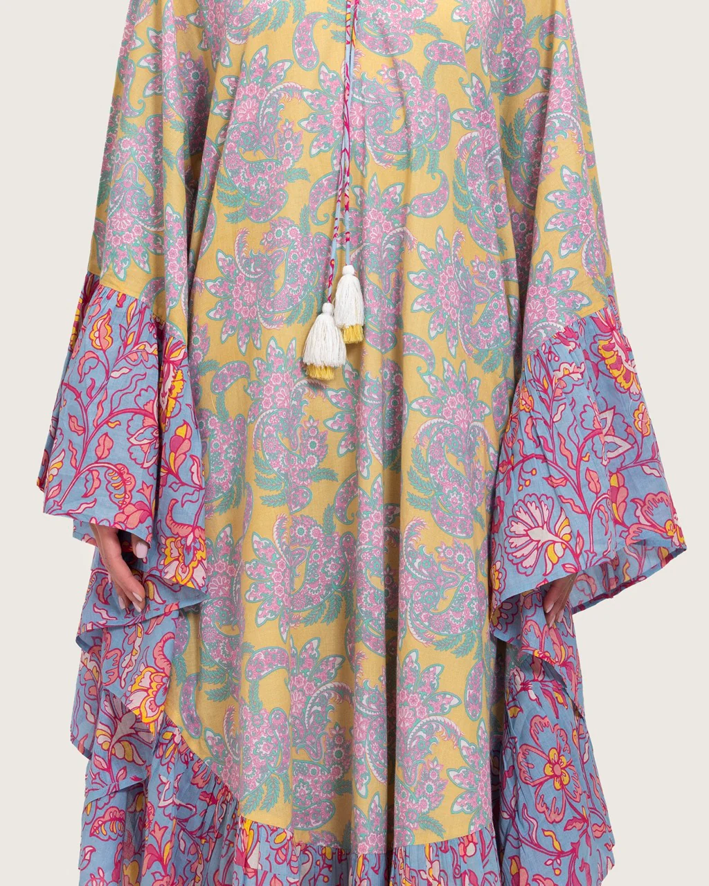 Printed Flowy Kaftan Dress with Soft Multicolor Motifs and Tassels - Image 5