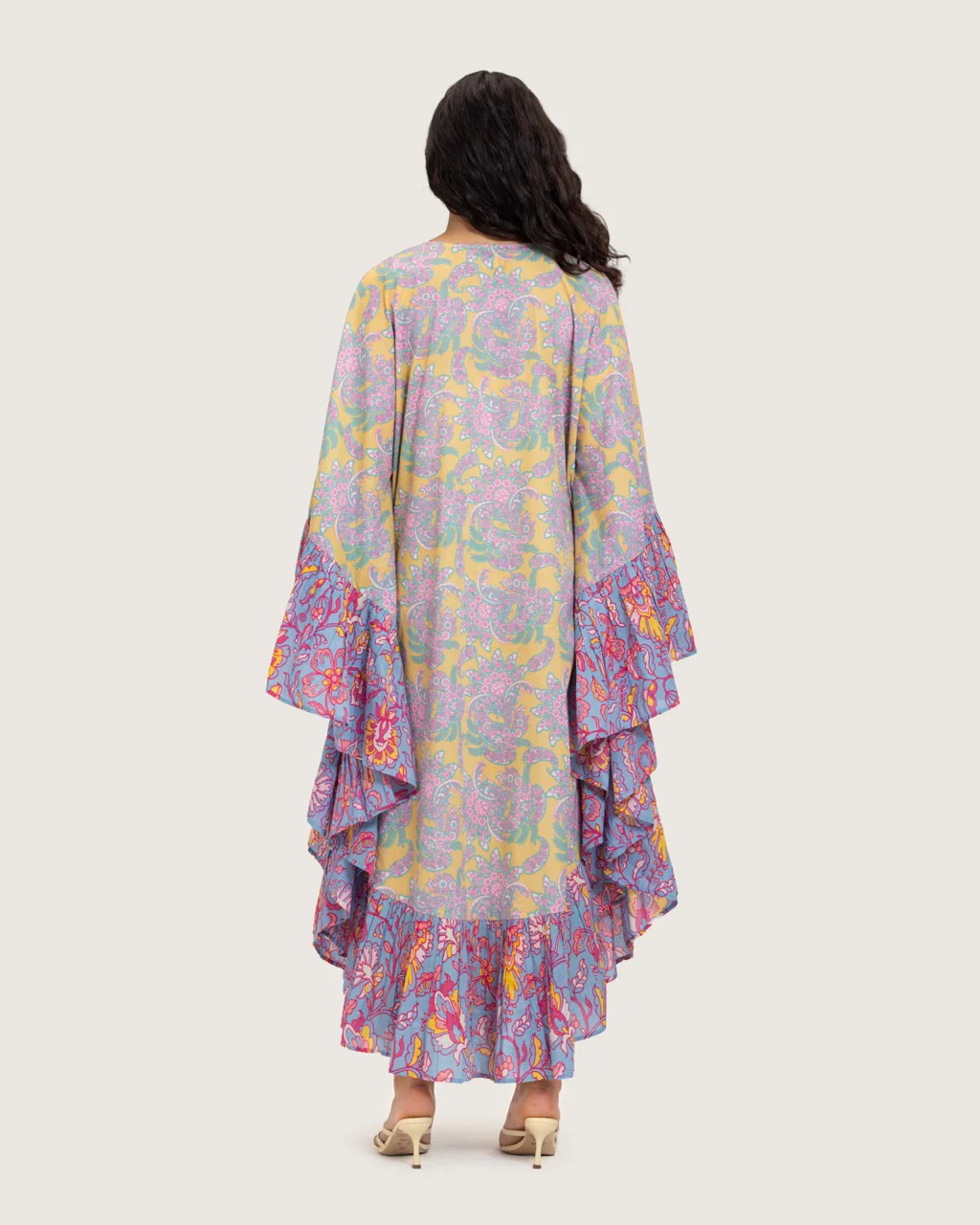 Printed Flowy Kaftan Dress with Soft Multicolor Motifs and Tassels - Image 6