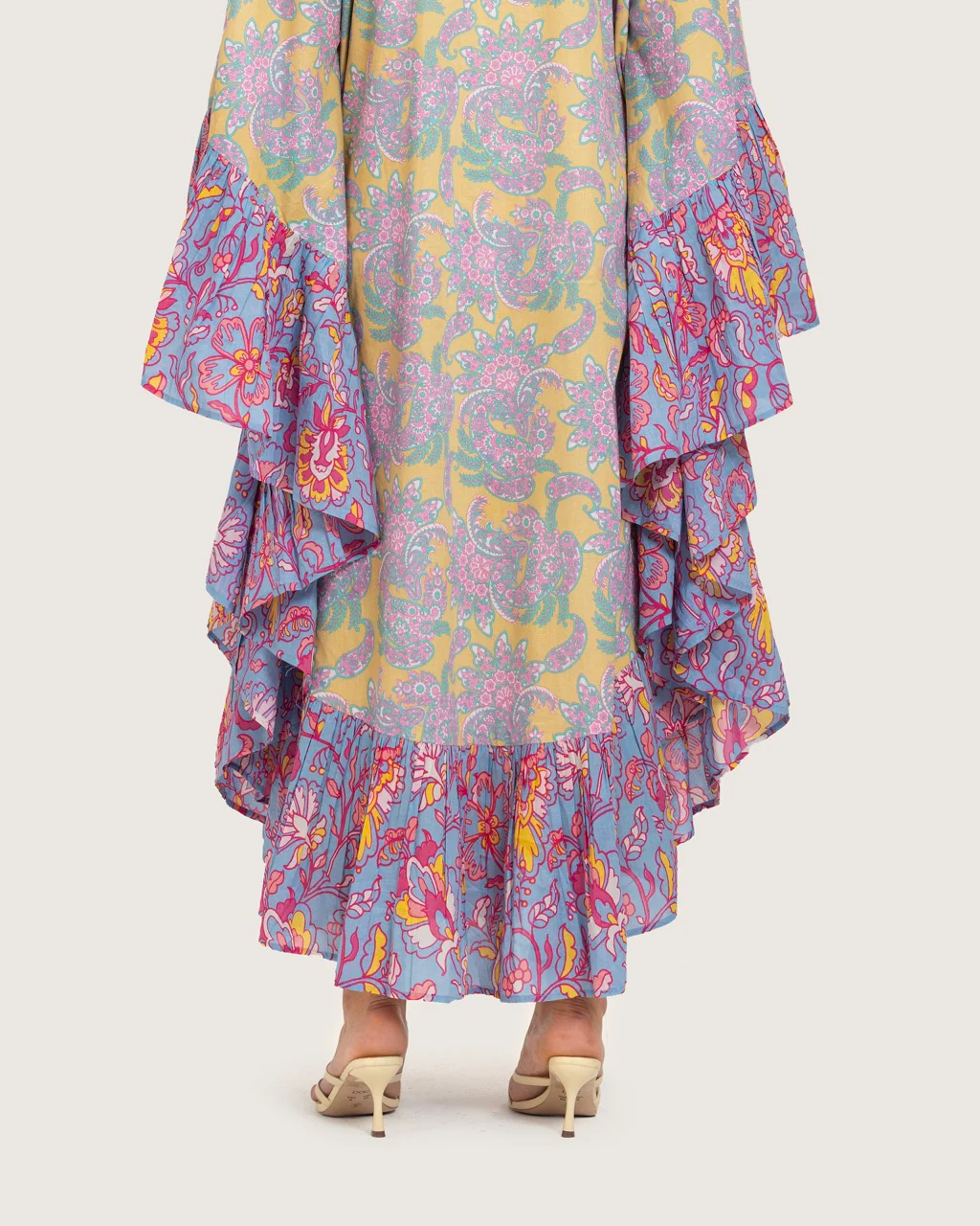 Printed Flowy Kaftan Dress with Soft Multicolor Motifs and Tassels - Image 7