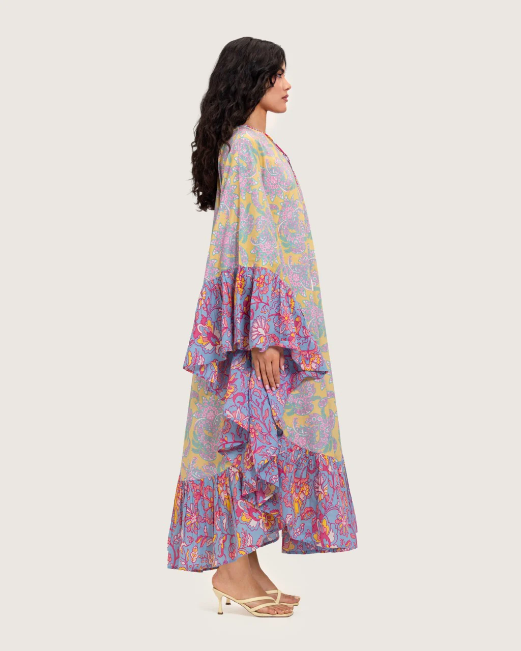 Printed Flowy Kaftan Dress with Soft Multicolor Motifs and Tassels - Image 8