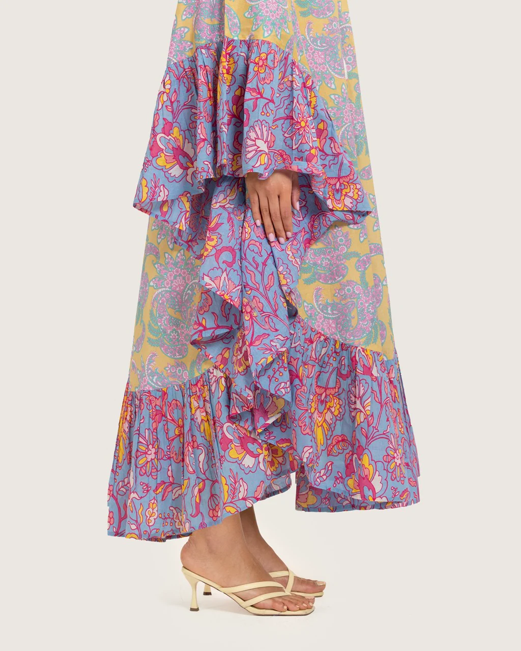 Printed Flowy Kaftan Dress with Soft Multicolor Motifs and Tassels - Image 9