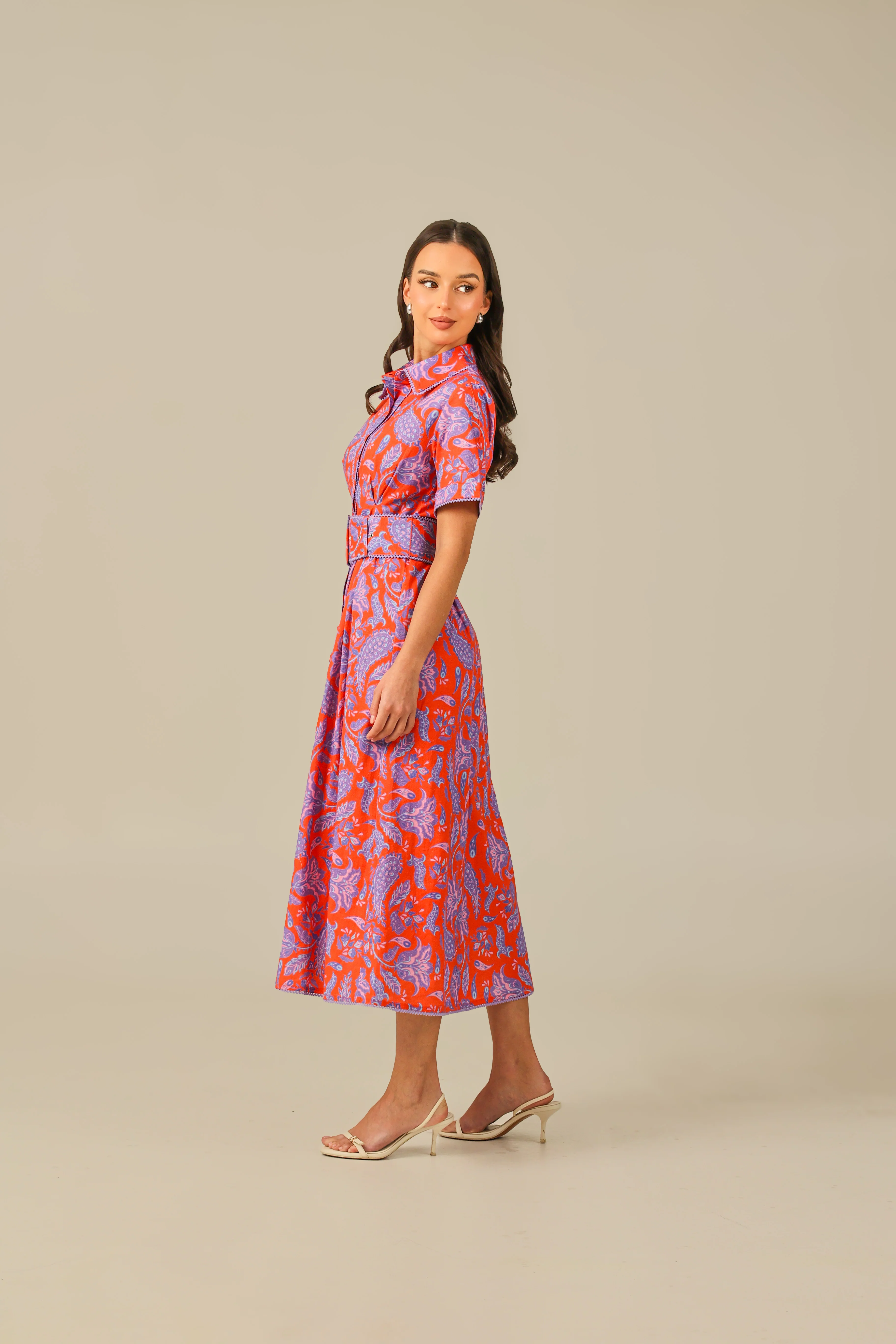 Red and Purple with Vibrant Colors Printed Linen Dress - Image 3
