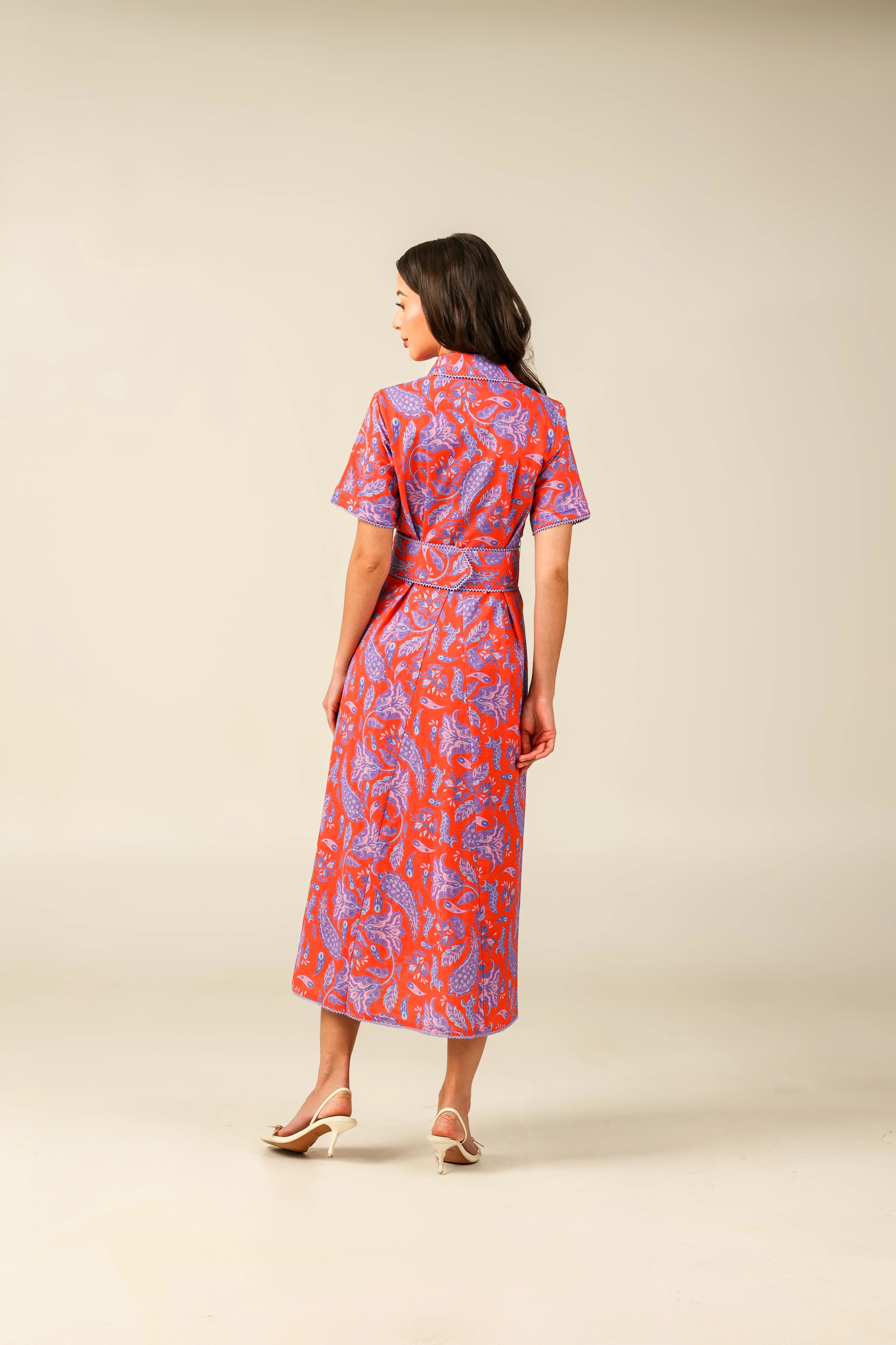 Red and Purple with Vibrant Colors Printed Linen Dress - Image 4