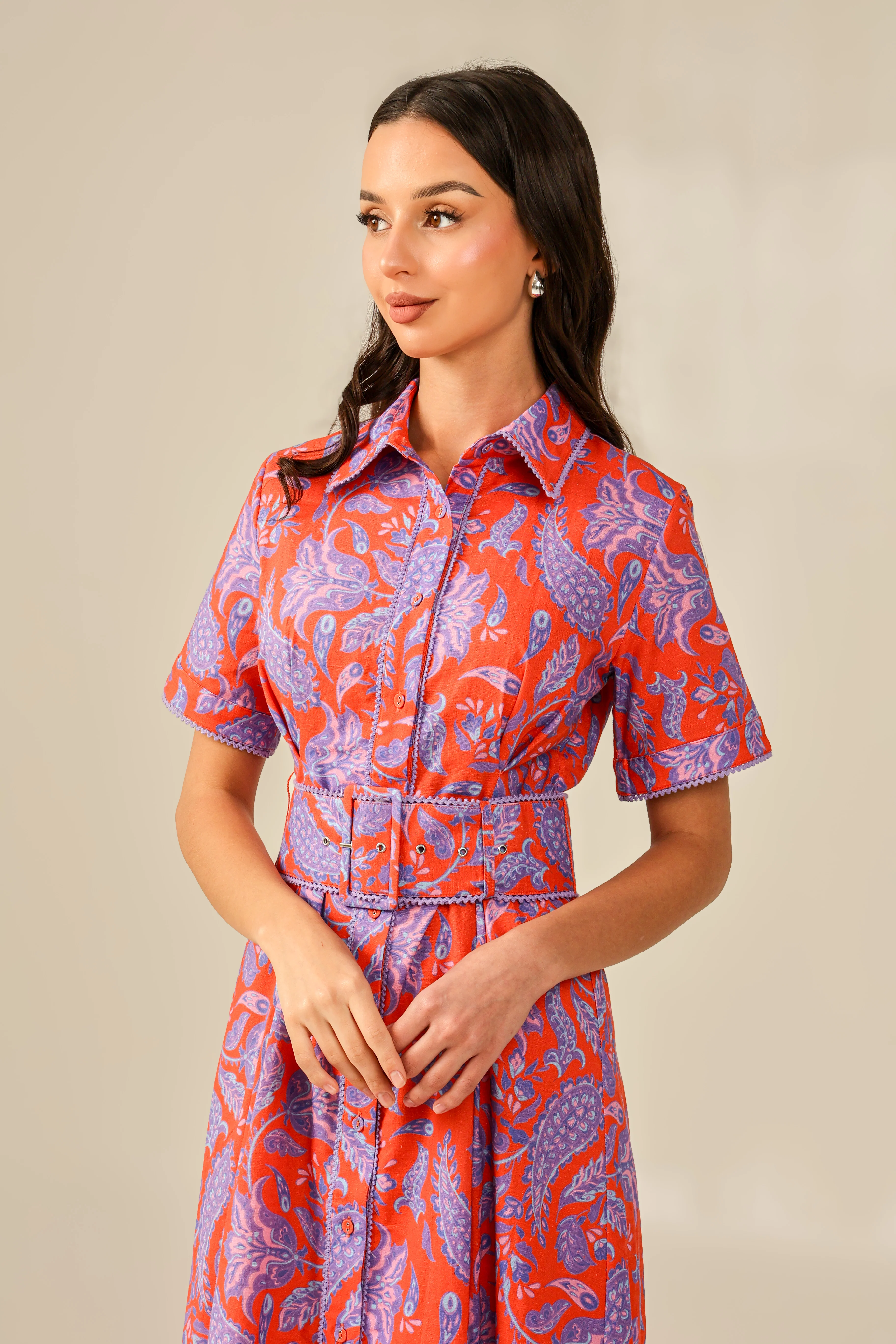 Red and Purple with Vibrant Colors Printed Linen Dress - Image 5