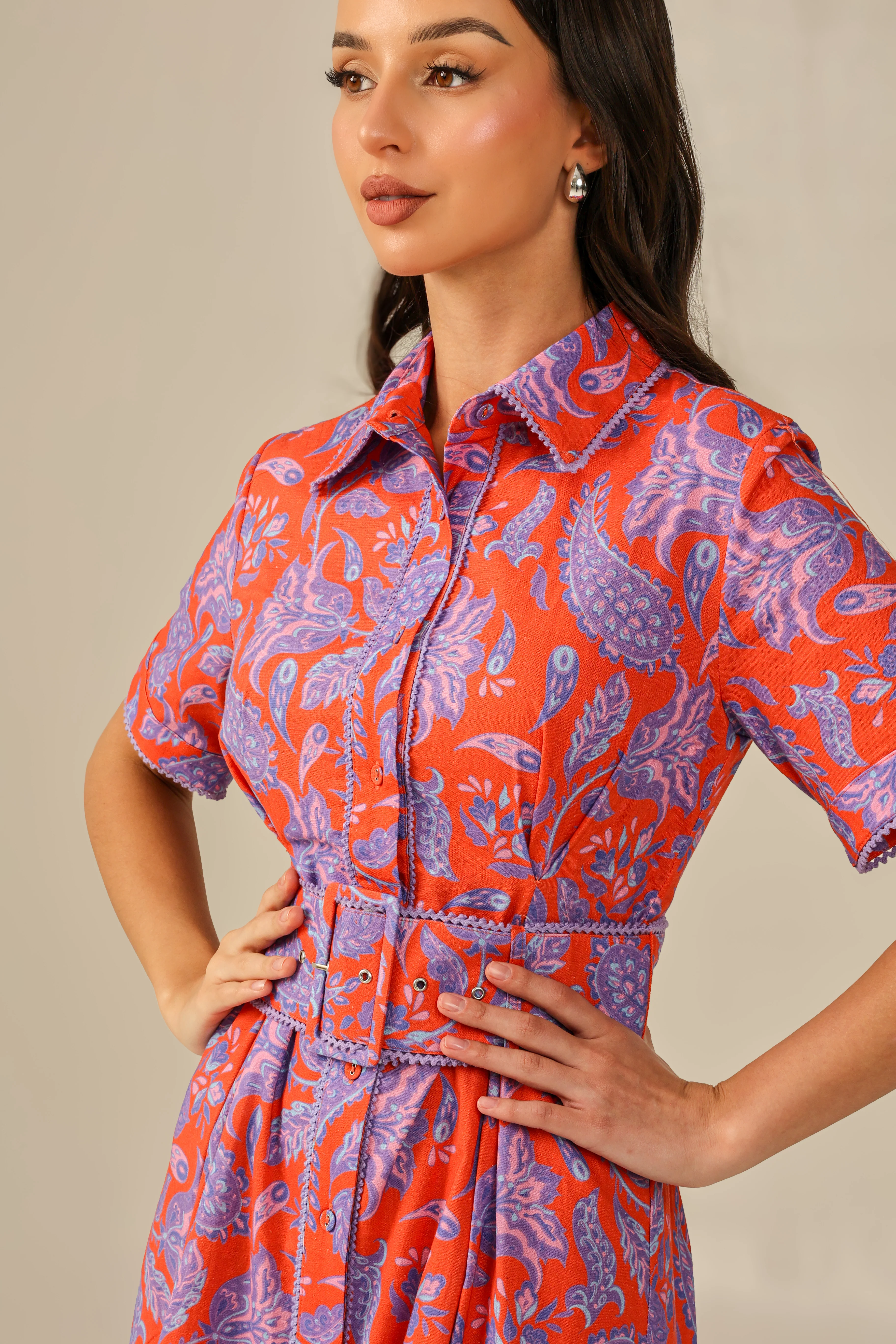 Red and Purple with Vibrant Colors Printed Linen Dress - Image 6