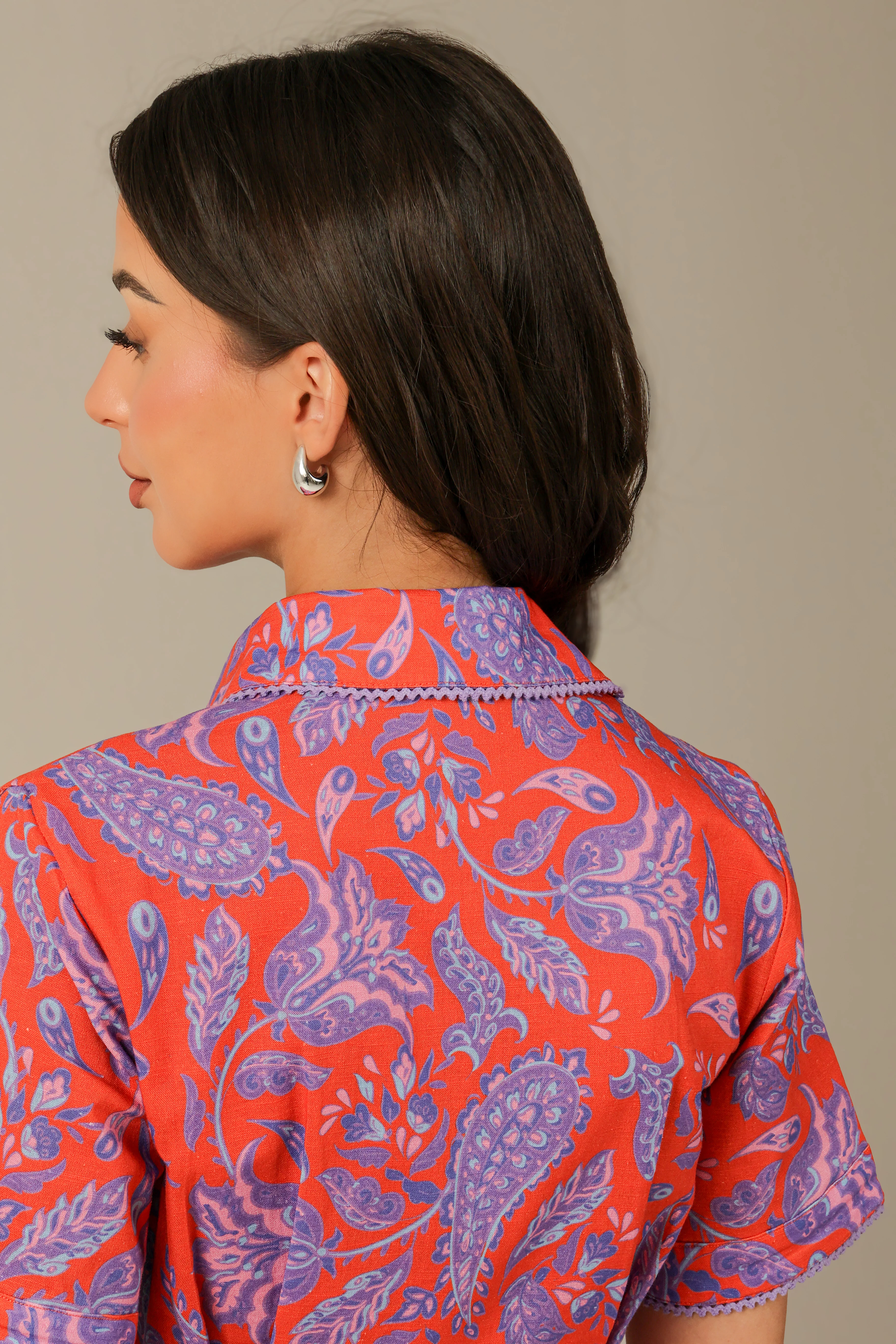 Red and Purple with Vibrant Colors Printed Linen Dress - Image 7