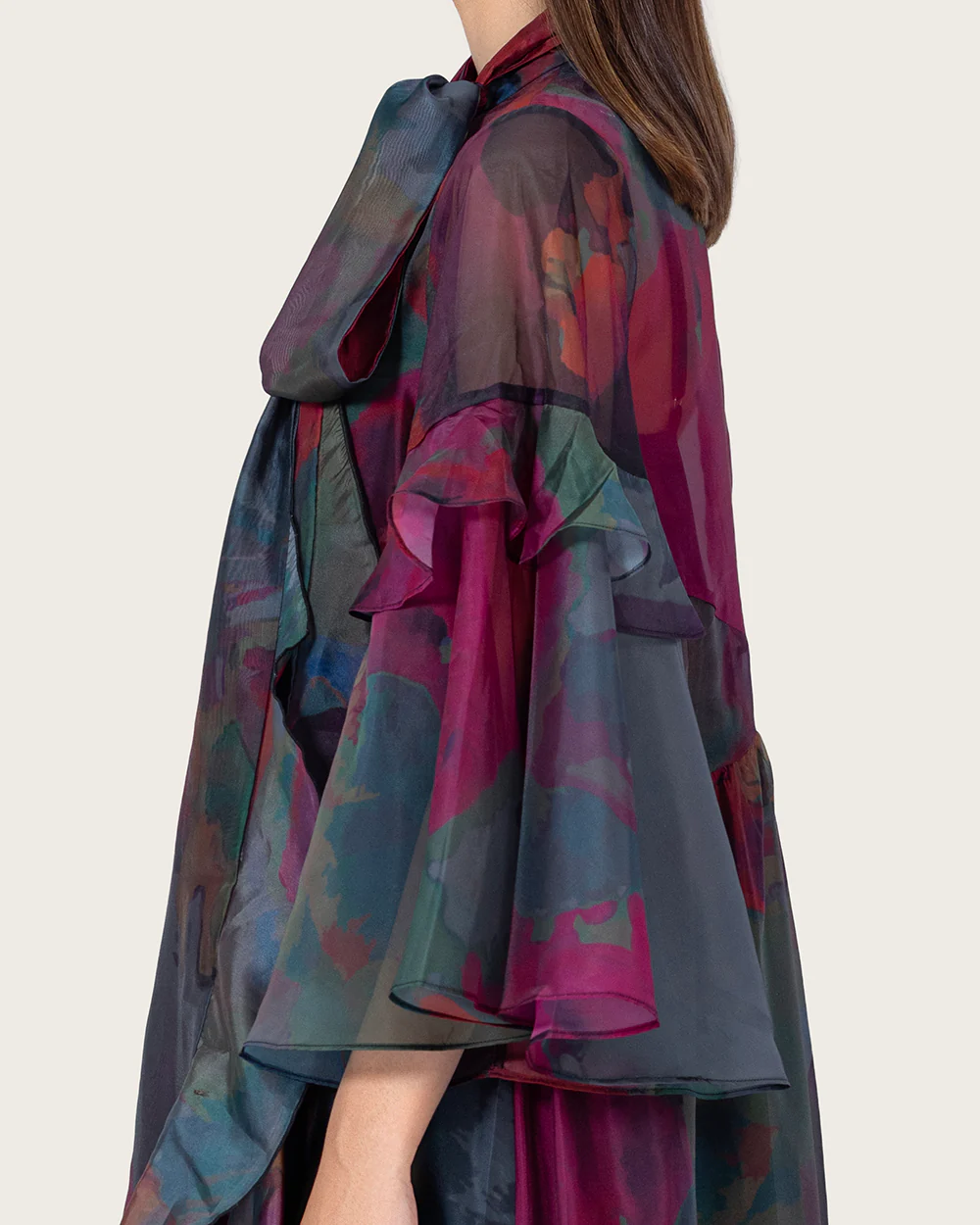 Printed Maxi Dress with Bow Neck and Flared Sleeves - Image 3
