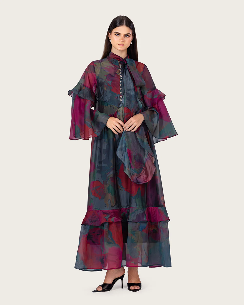 Printed Maxi Dress with Bow Neck and Flared Sleeves - Image 4