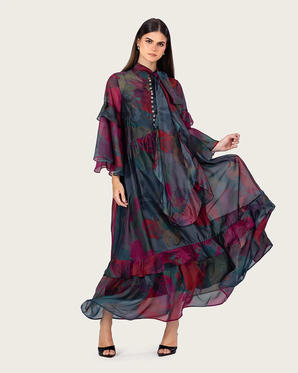 Printed Maxi Dress with Bow Neck and Flared Sleeves - Image 5