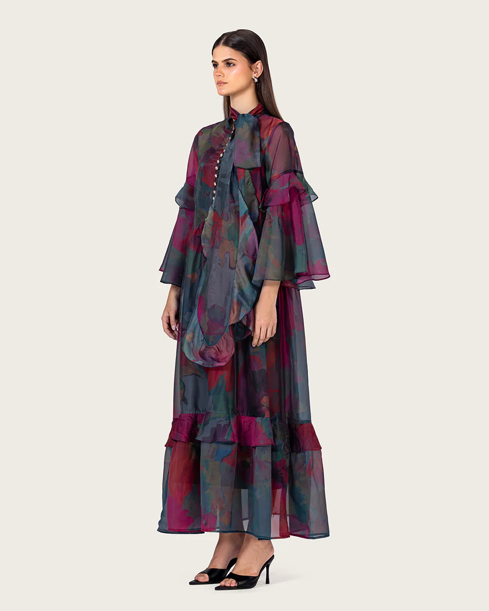Printed Maxi Dress with Bow Neck and Flared Sleeves - Image 6