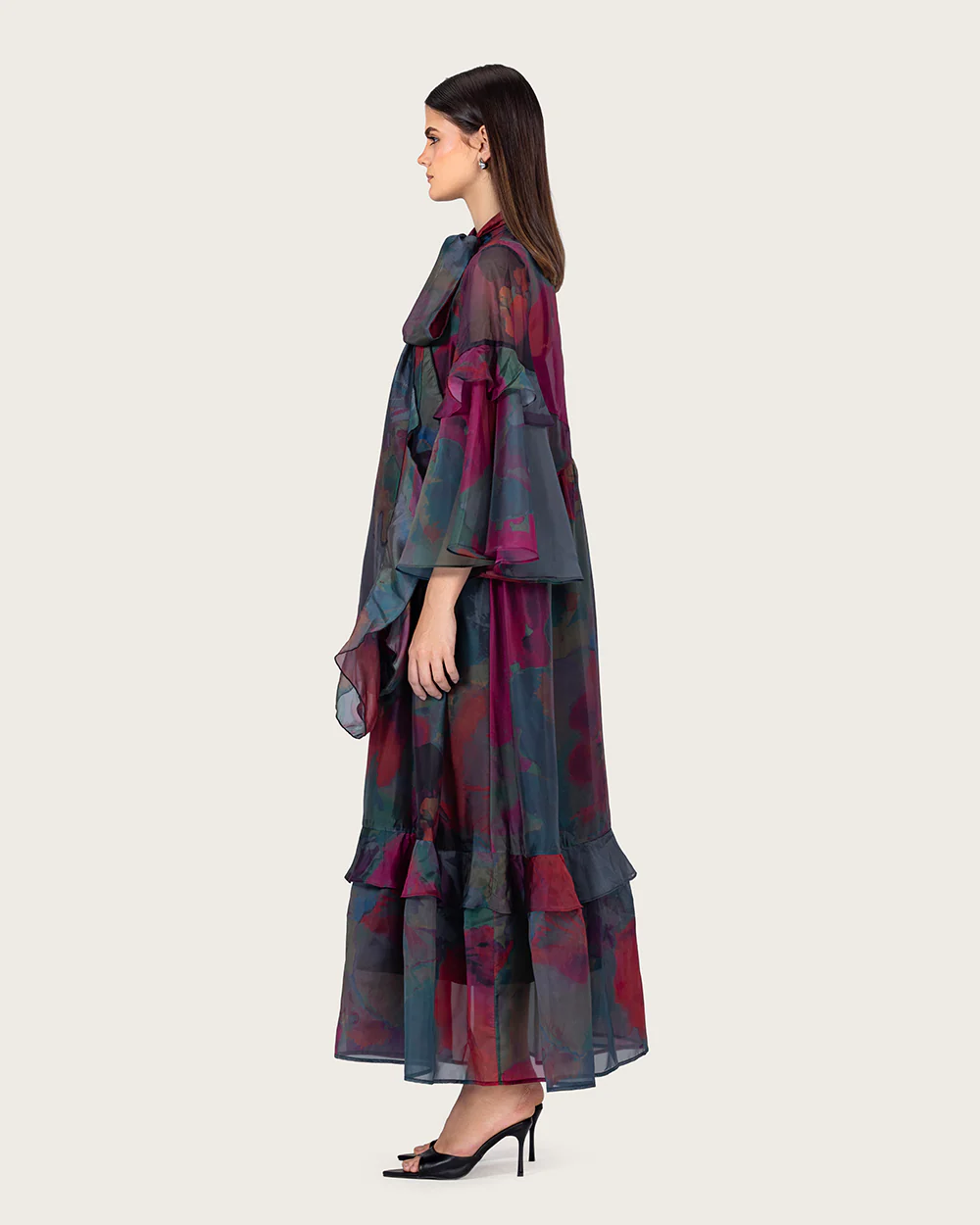 Printed Maxi Dress with Bow Neck and Flared Sleeves - Image 7