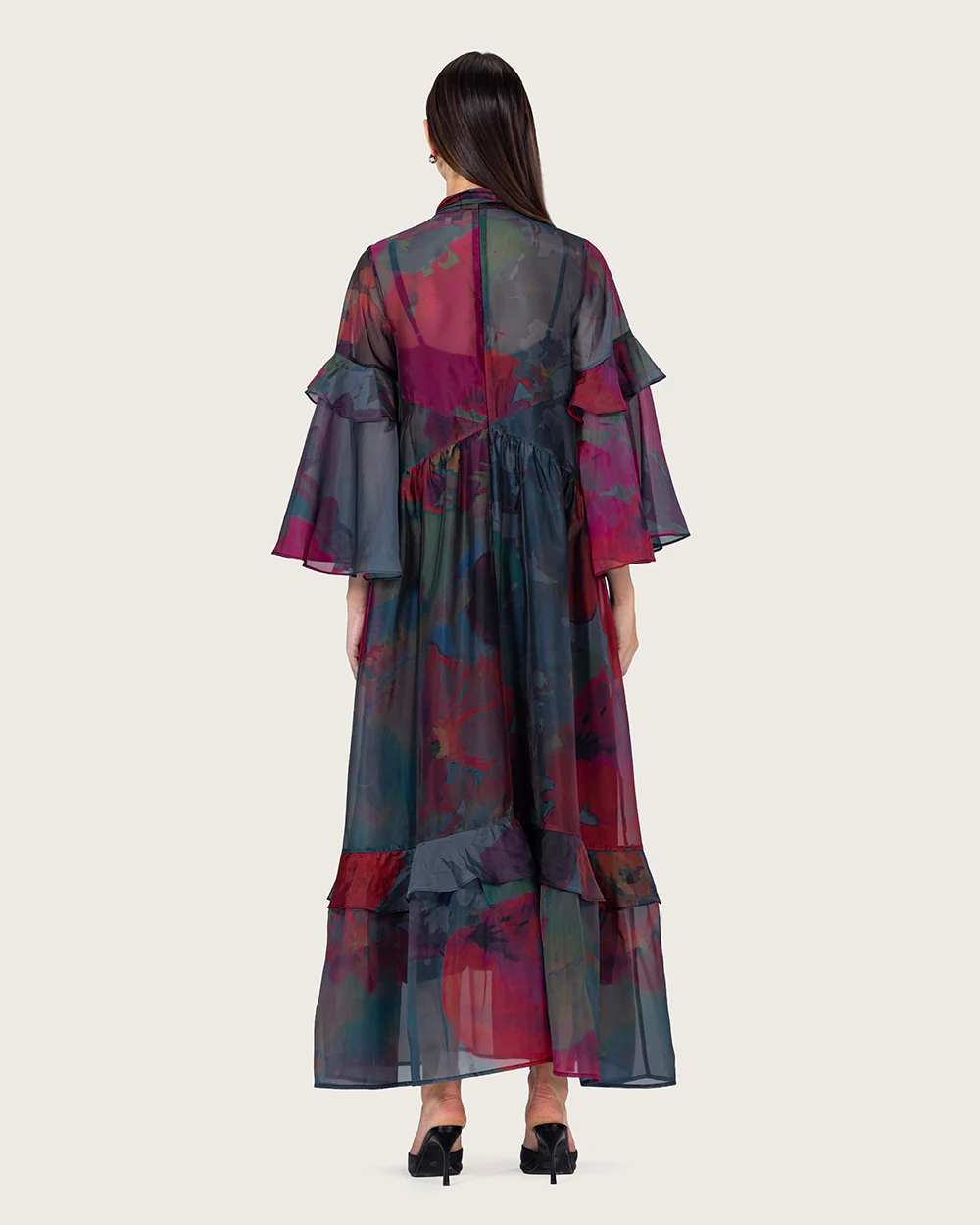 Printed Maxi Dress with Bow Neck and Flared Sleeves - Image 8