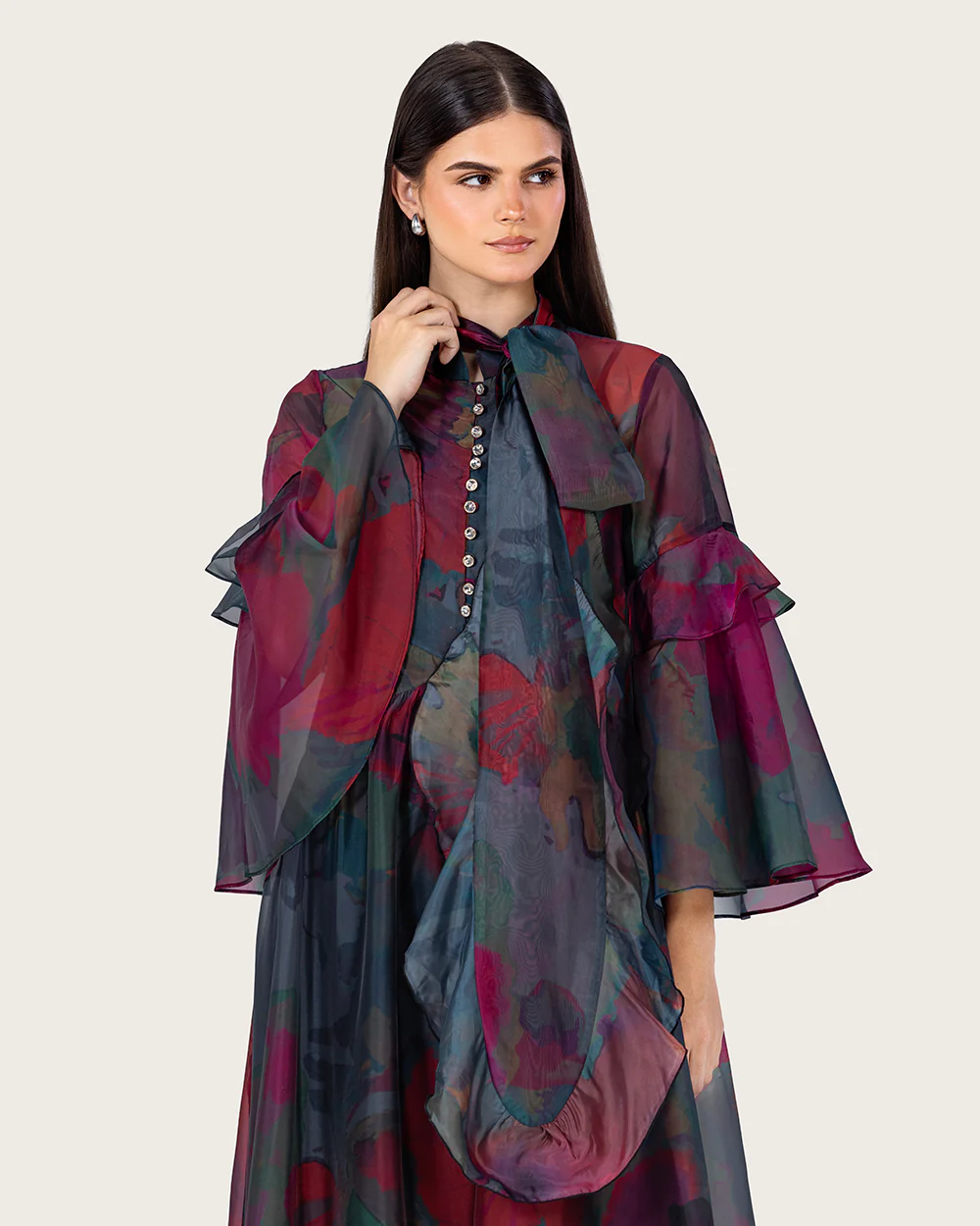 Printed Maxi Dress with Bow Neck and Flared Sleeves - Image 9