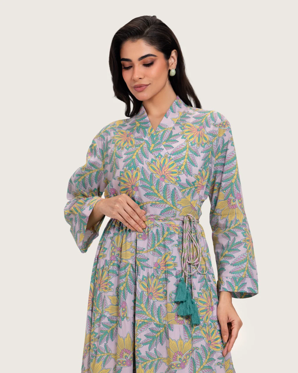 Printed Maxi Wrap dress with Tie Waist & Tassels - Image 2