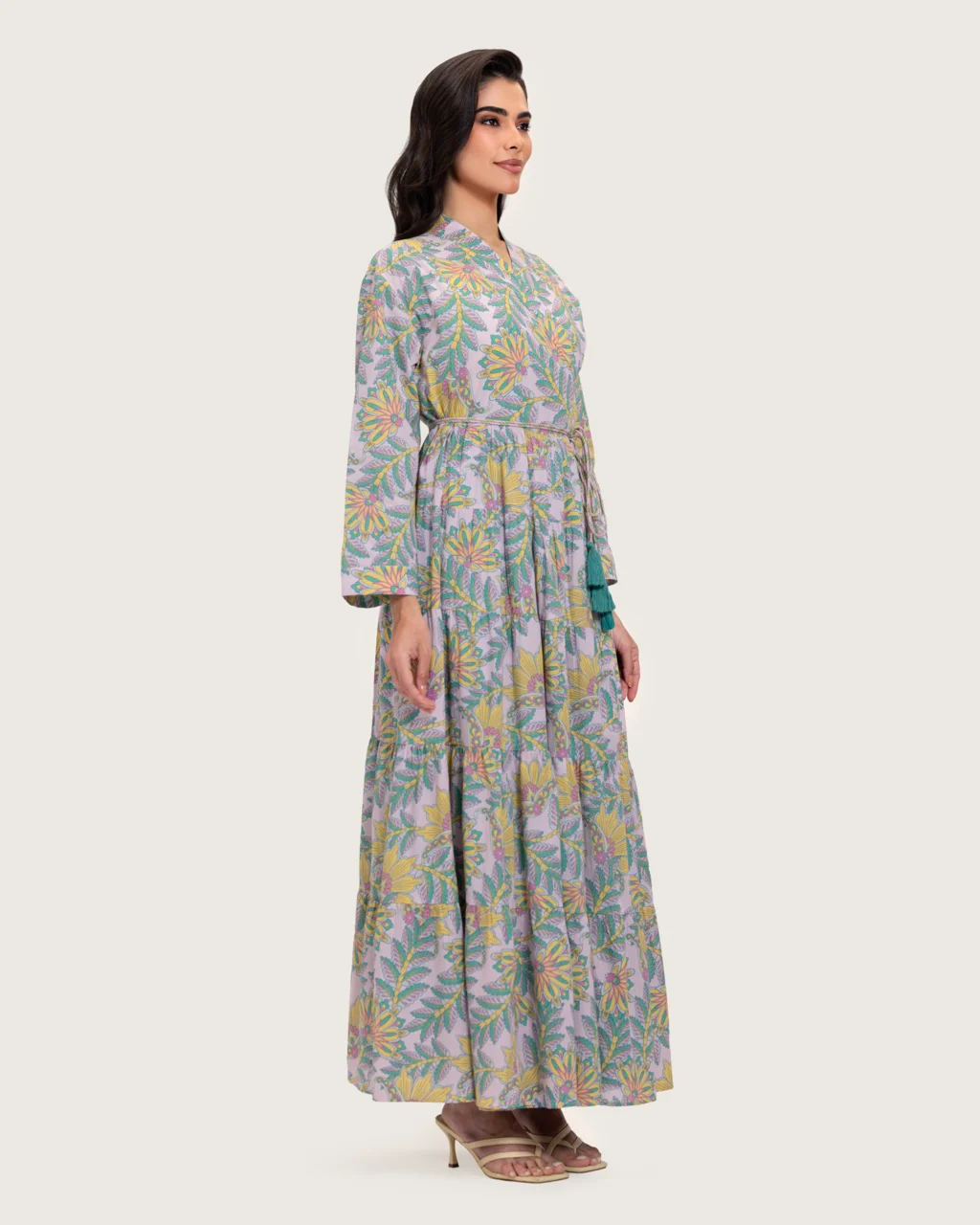 Printed Maxi Wrap dress with Tie Waist & Tassels - Image 3