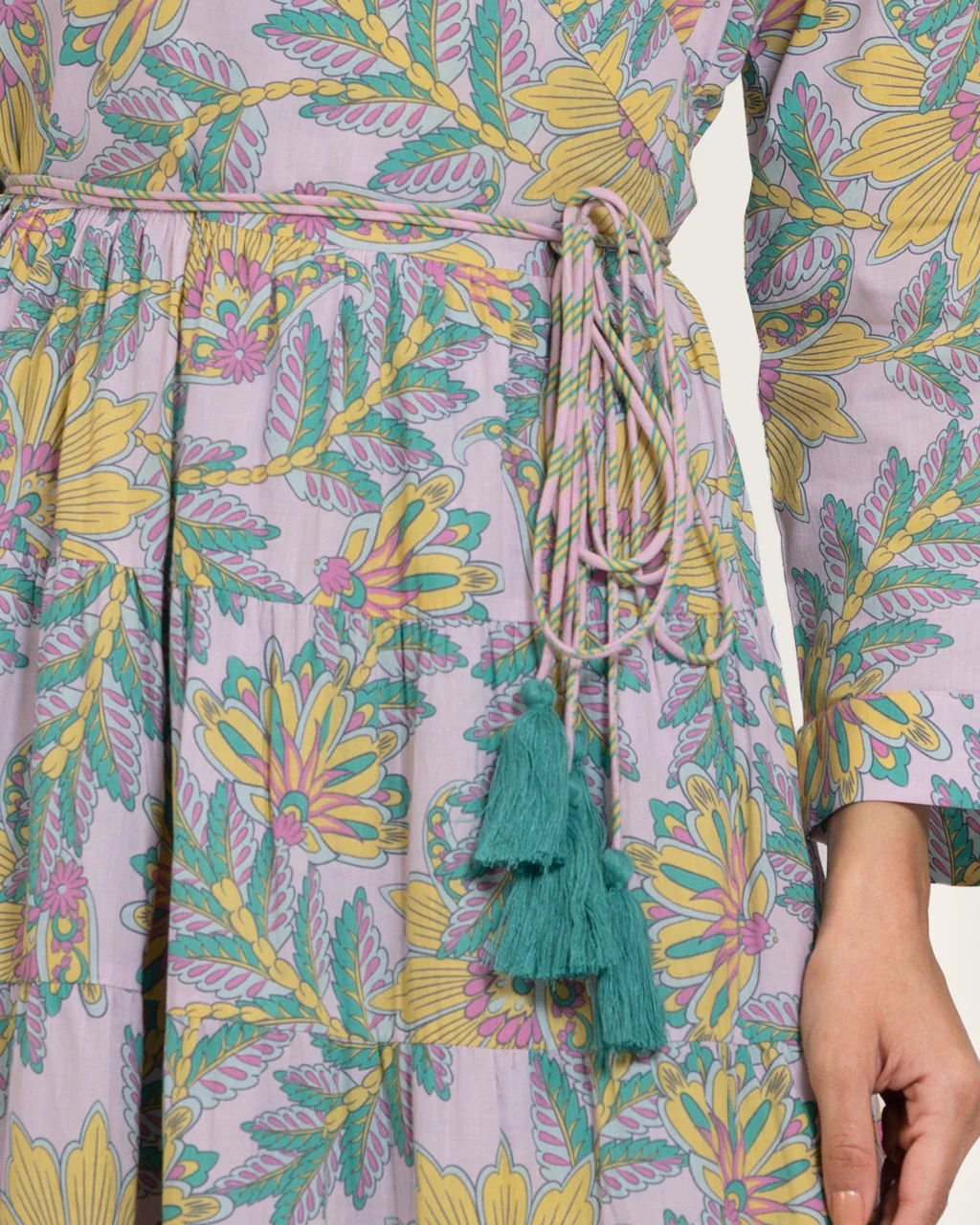Printed Maxi Wrap dress with Tie Waist & Tassels - Image 8
