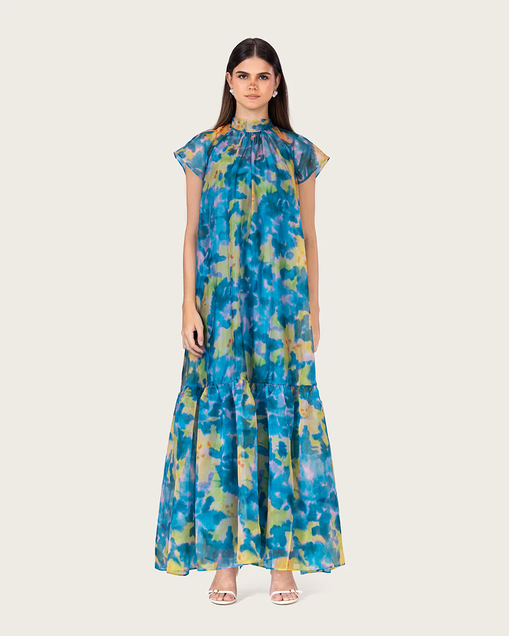 Printed Organza Maxi Dress with Back Bow Tie