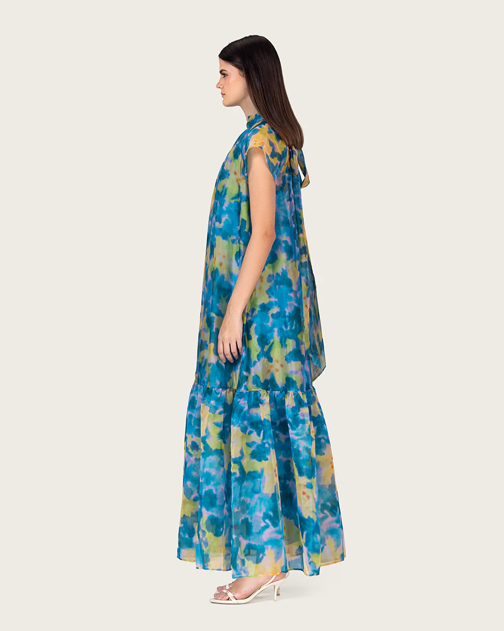 Printed Organza Maxi Dress with Back Bow Tie - Image 10