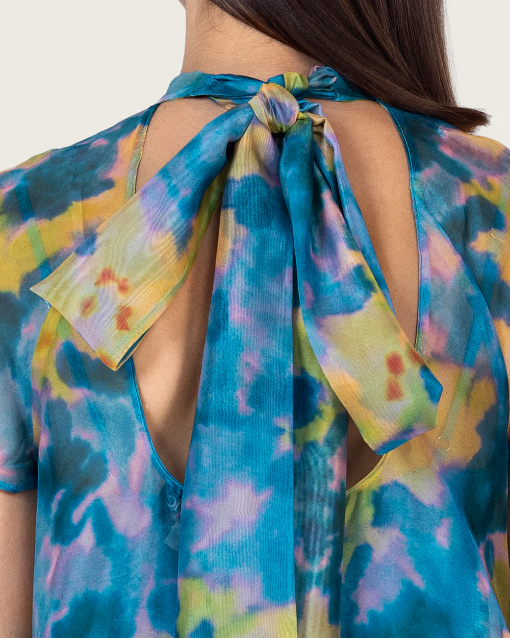 Printed Organza Maxi Dress with Back Bow Tie - Image 3