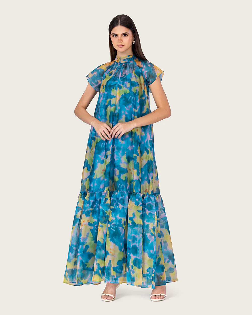 Printed Organza Maxi Dress with Back Bow Tie - Image 4