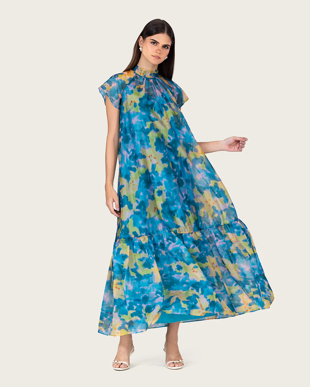 Printed Organza Maxi Dress with Back Bow Tie - Image 5