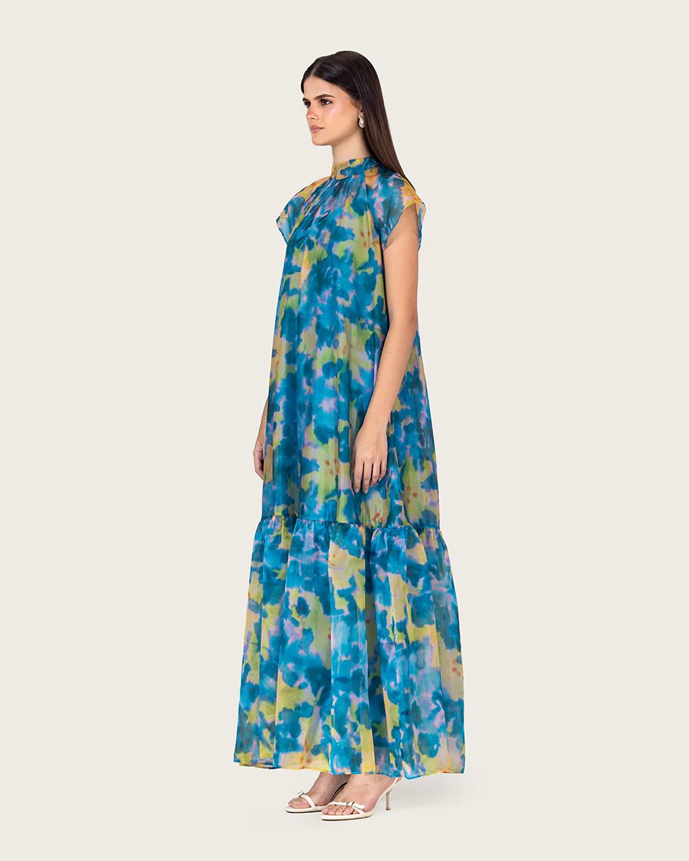 Printed Organza Maxi Dress with Back Bow Tie - Image 6