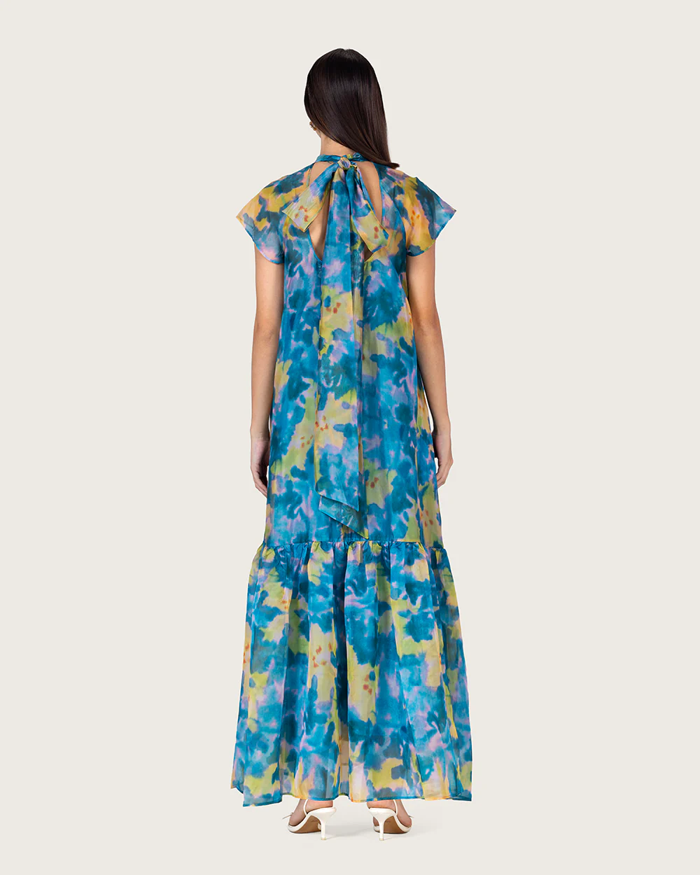 Printed Organza Maxi Dress with Back Bow Tie - Image 7