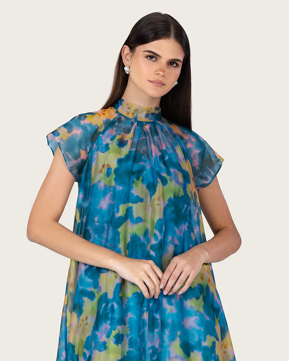 Printed Organza Maxi Dress with Back Bow Tie - Image 8