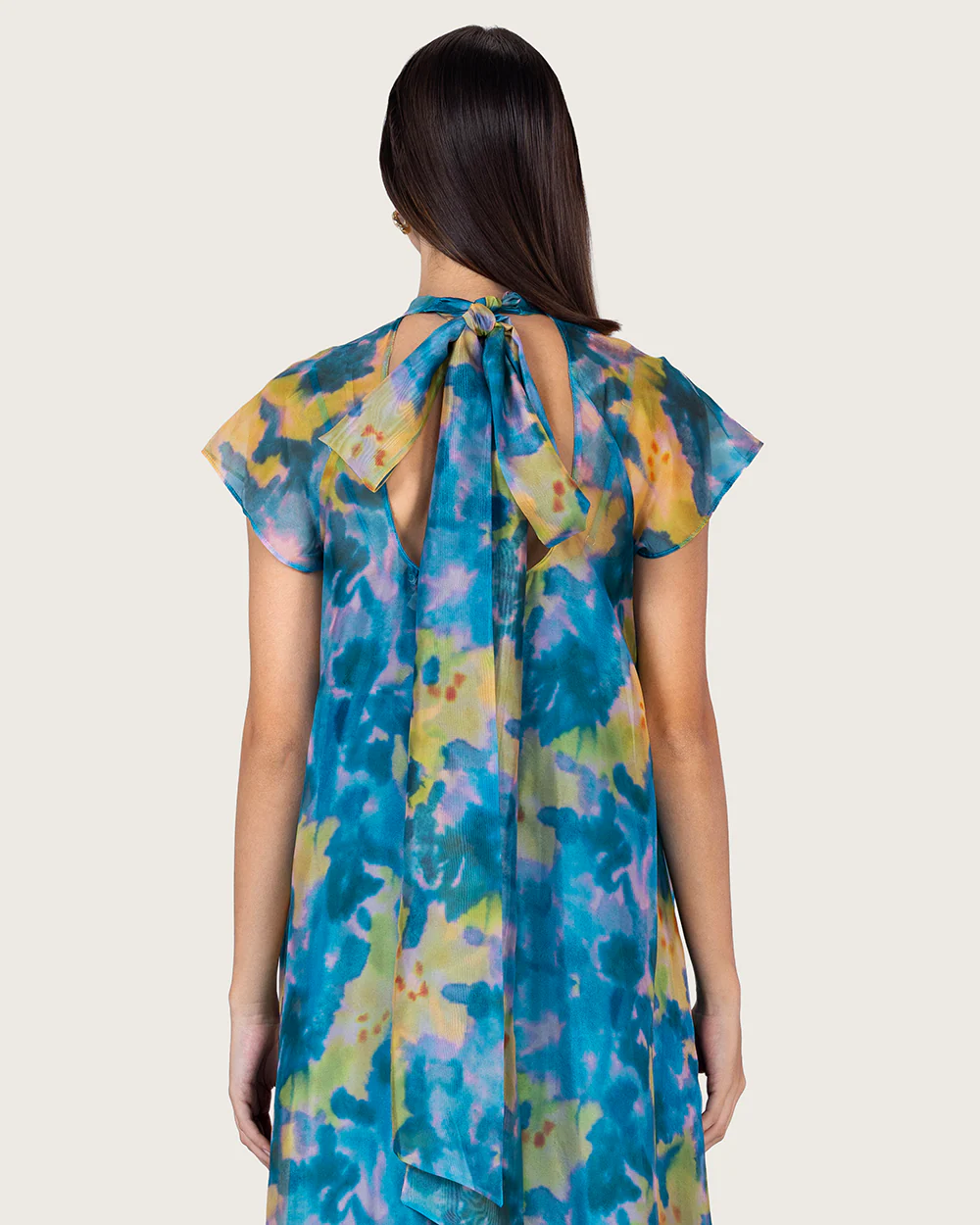 Printed Organza Maxi Dress with Back Bow Tie - Image 9