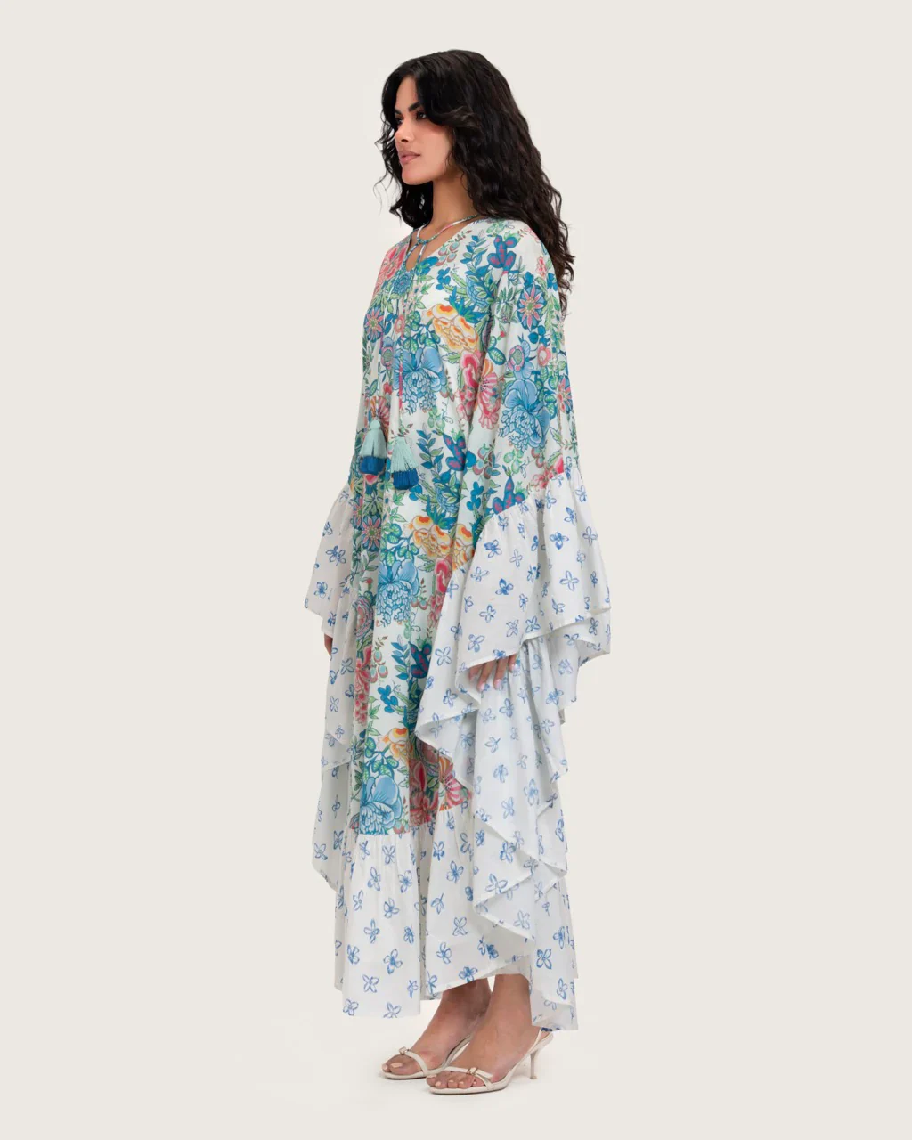 Printed Ruffle Trimmed Kaftan with Tie Neck & Tassels - Image 2