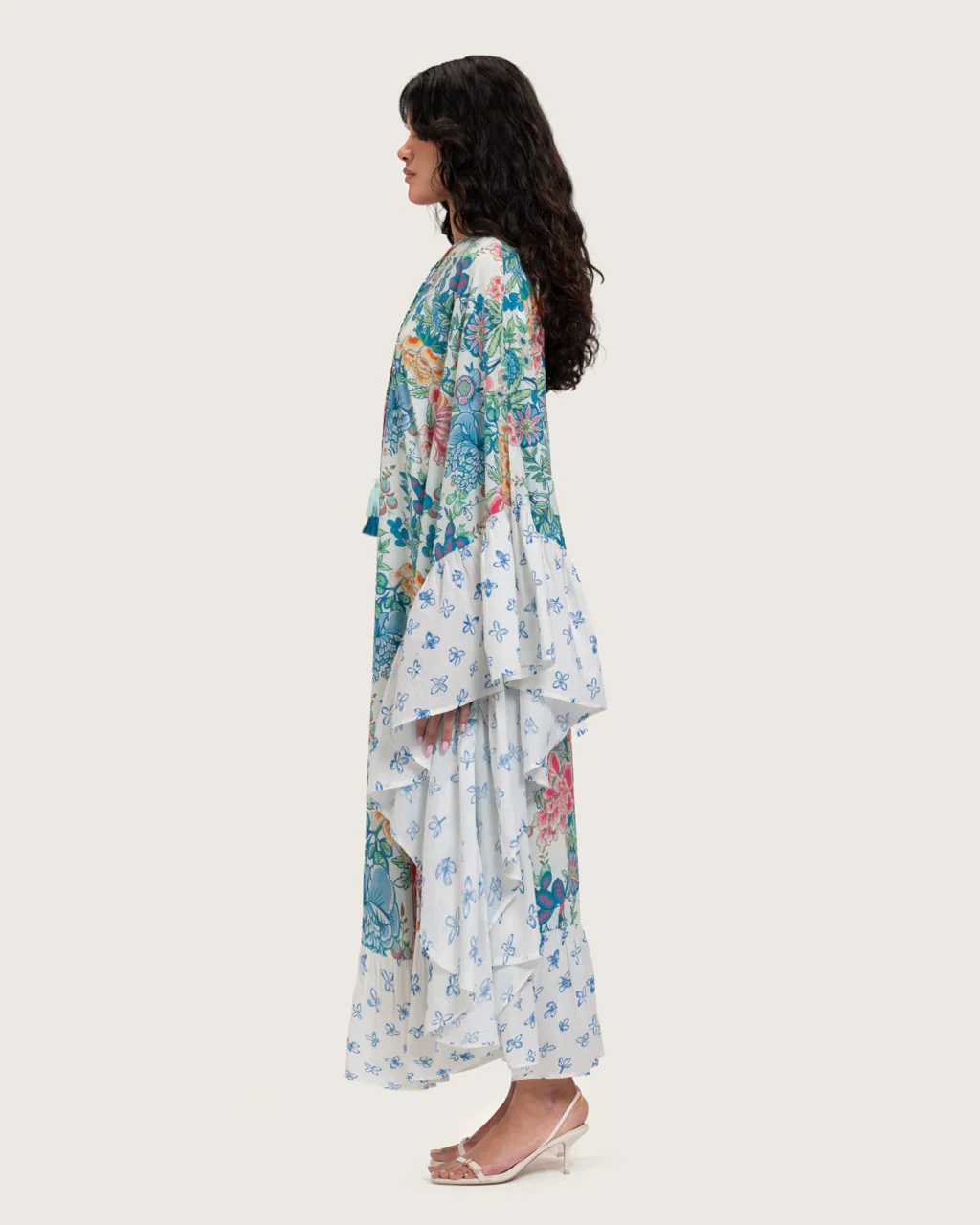Printed Ruffle Trimmed Kaftan with Tie Neck & Tassels - Image 3