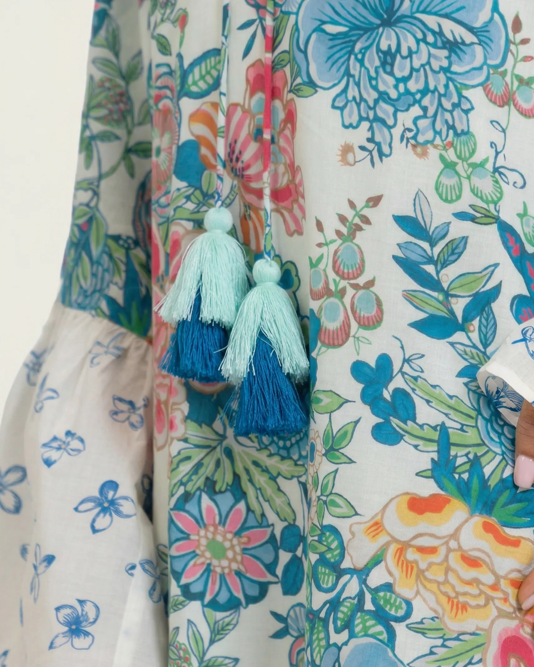 Printed Ruffle Trimmed Kaftan with Tie Neck & Tassels - Image 6