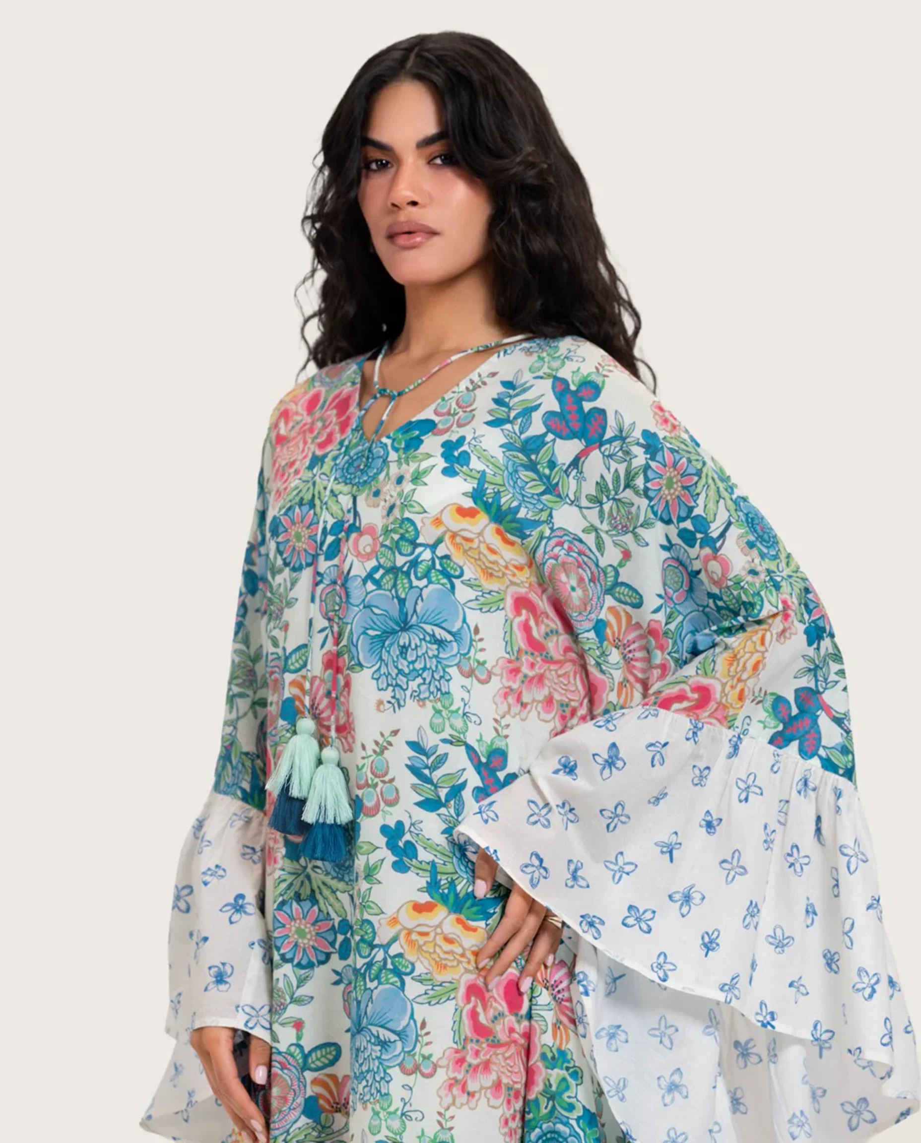 Printed Ruffle Trimmed Kaftan with Tie Neck & Tassels - Image 7