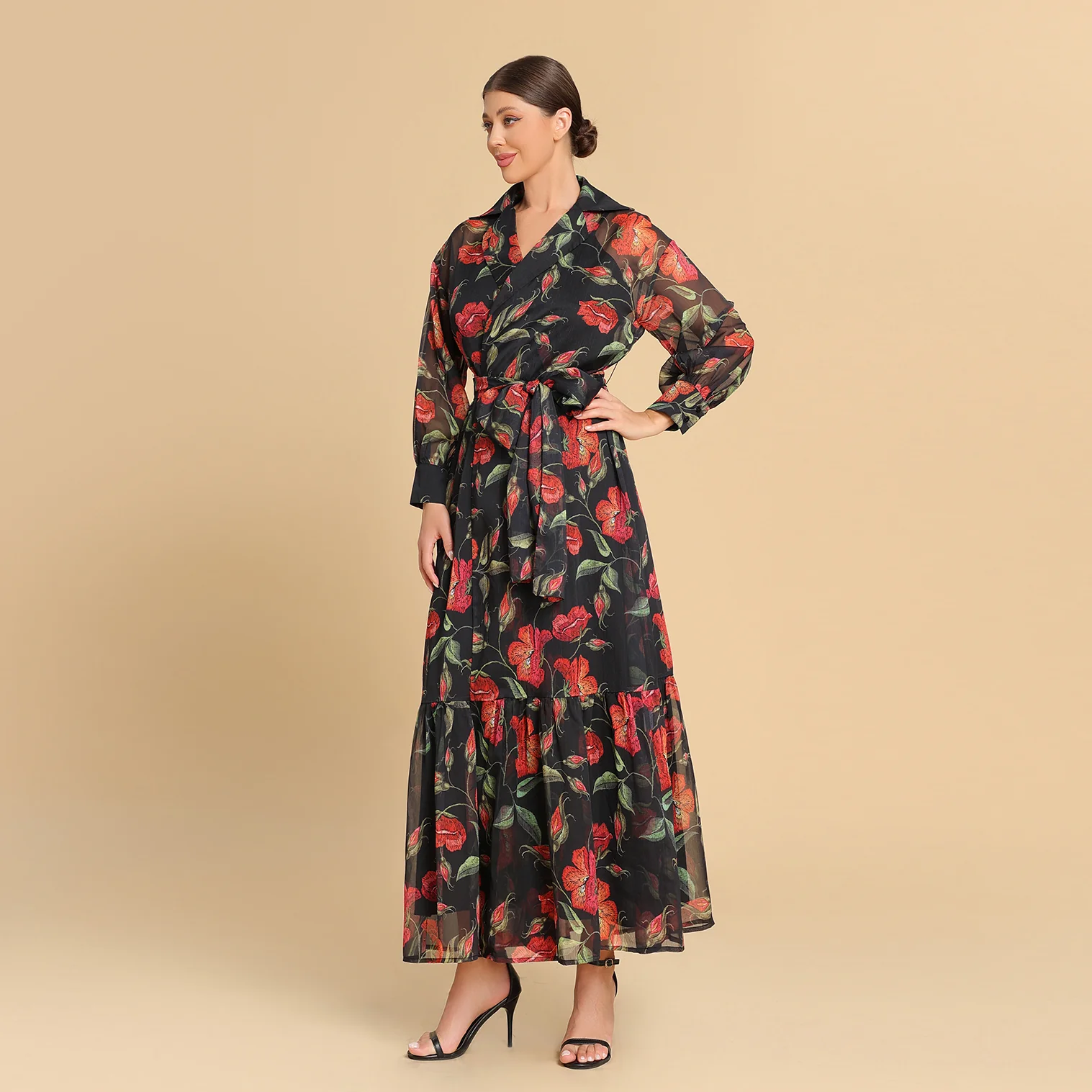 Red floral print chiffon wrap dress - Image 3