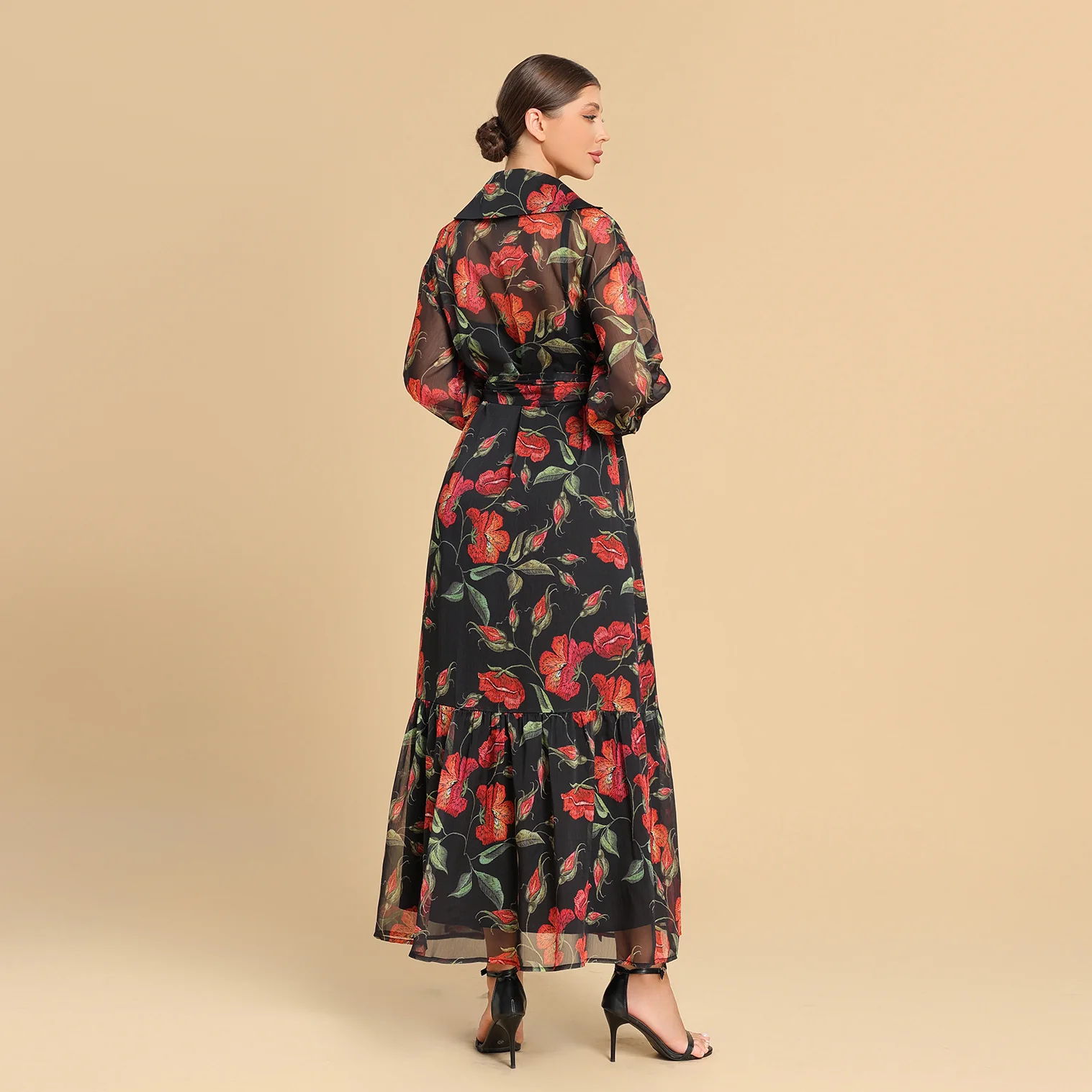 Red floral print chiffon wrap dress - Image 4