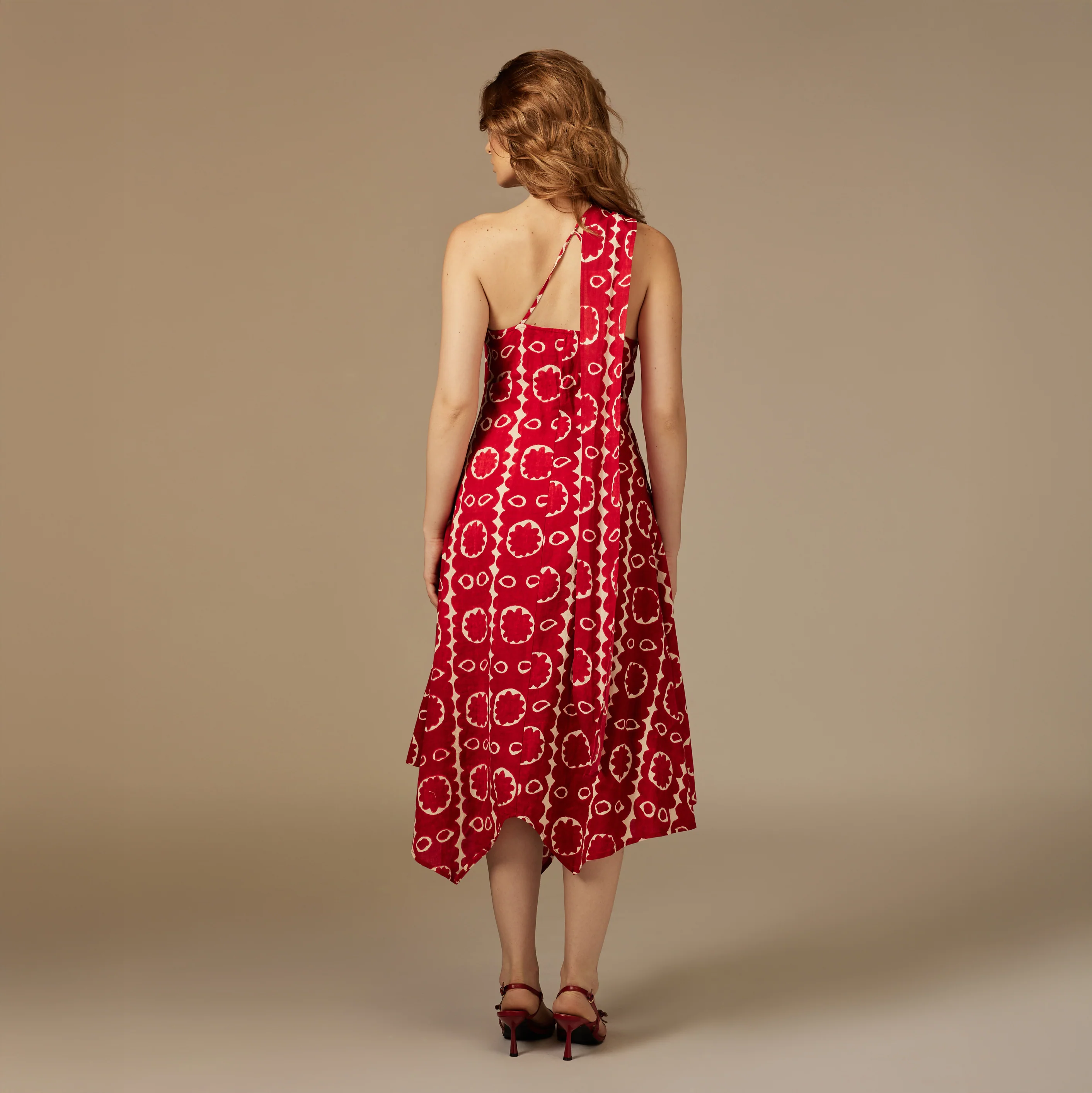 Red Printed Asymmetrical Linen Dress - Image 3