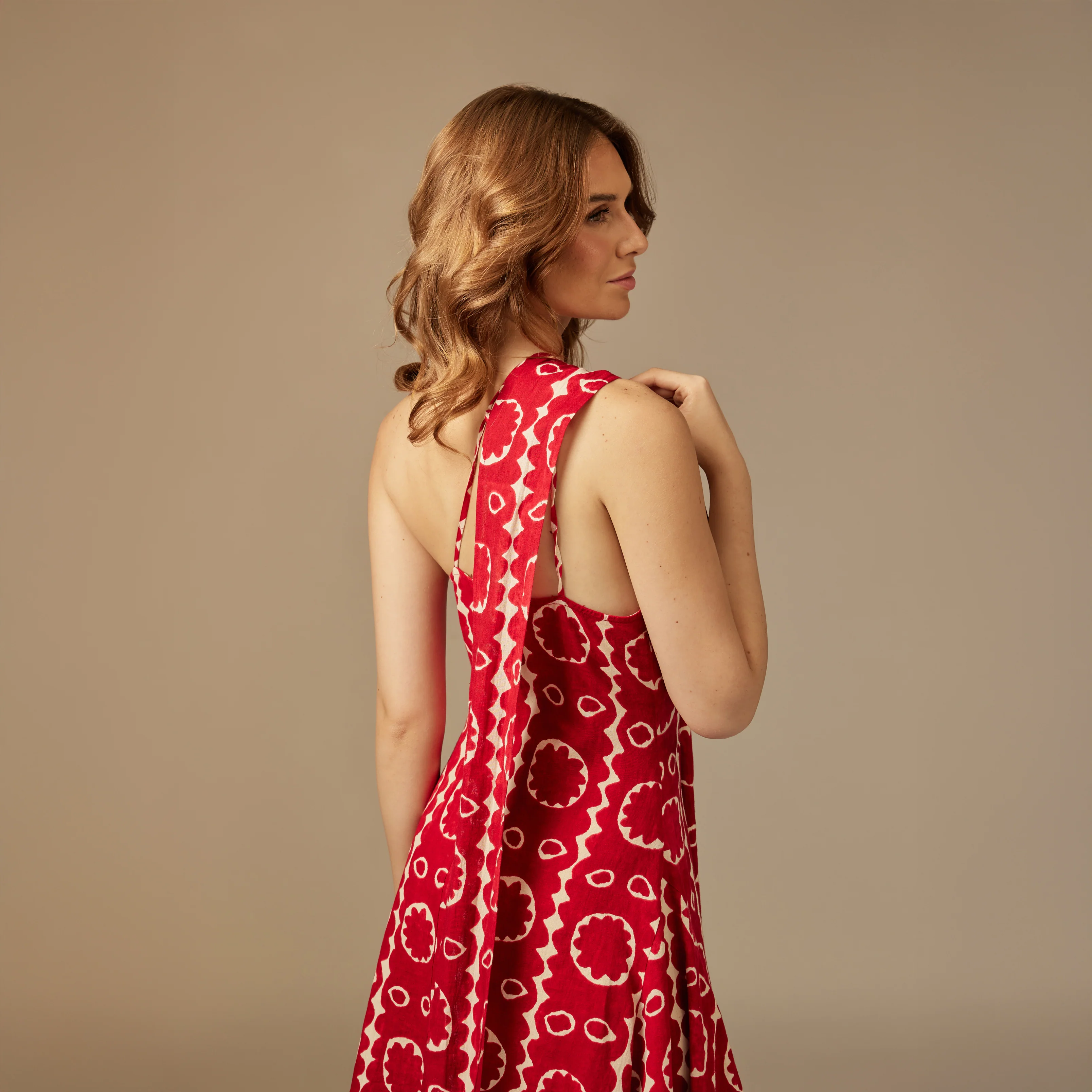 Red Printed Asymmetrical Linen Dress - Image 4