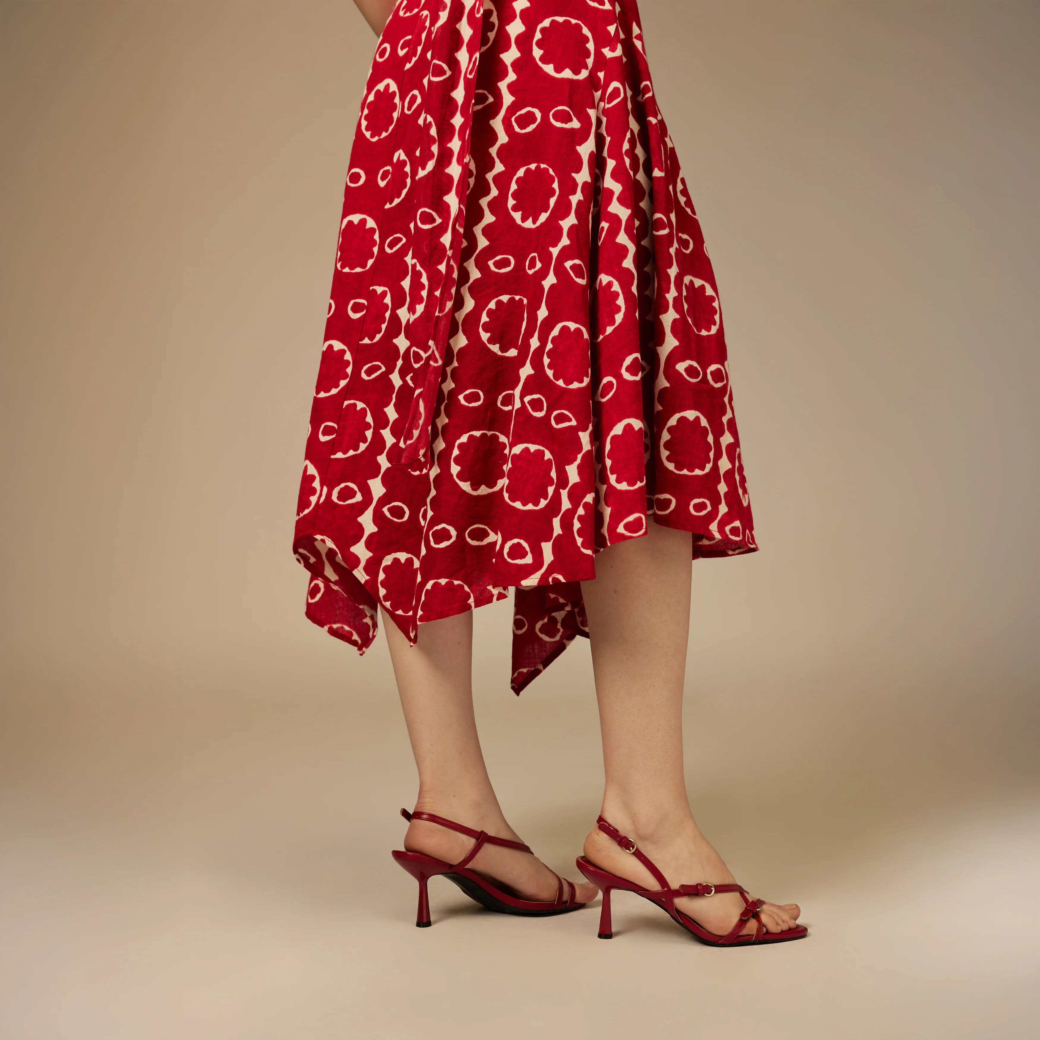 Red Printed Asymmetrical Linen Dress - Image 5