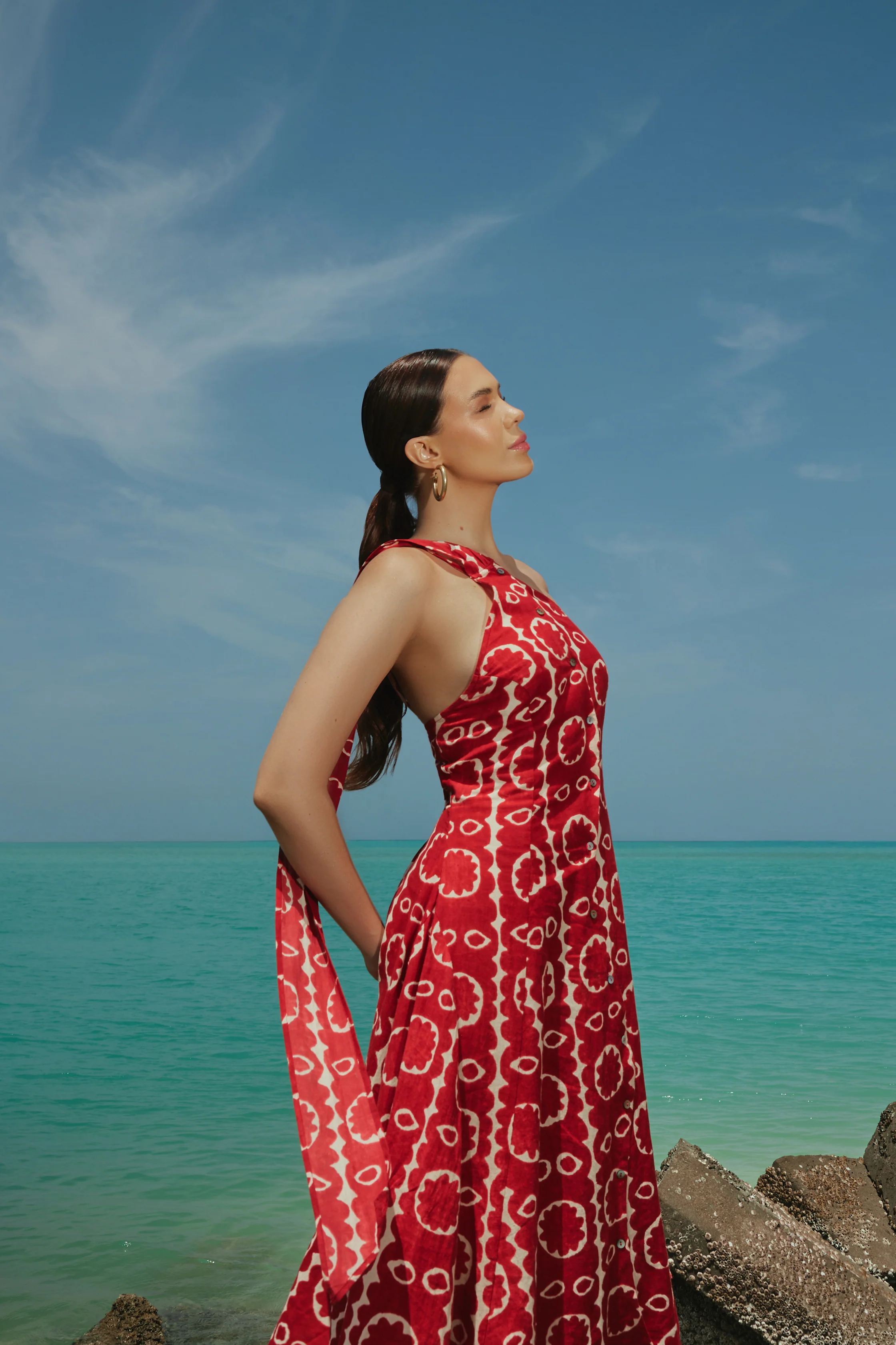Red Printed Asymmetrical Linen Dress - Image 6